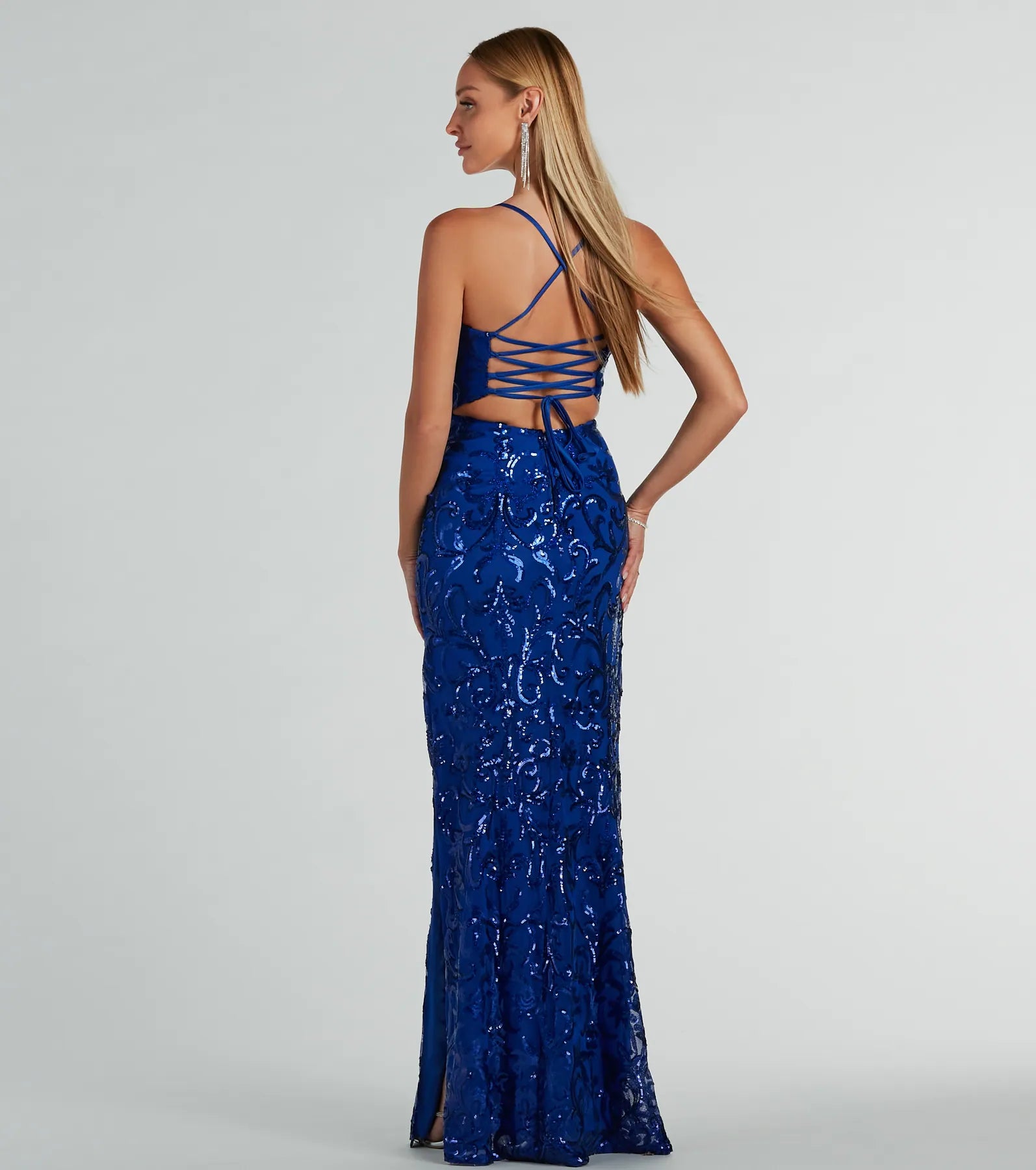 Dalia Lace-Up Sequin Mesh Mermaid Dress