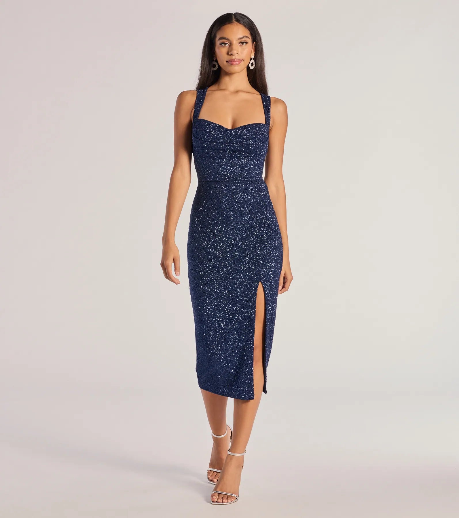 Arlette Lace-Up High Slit Glitter Knit Midi Dress