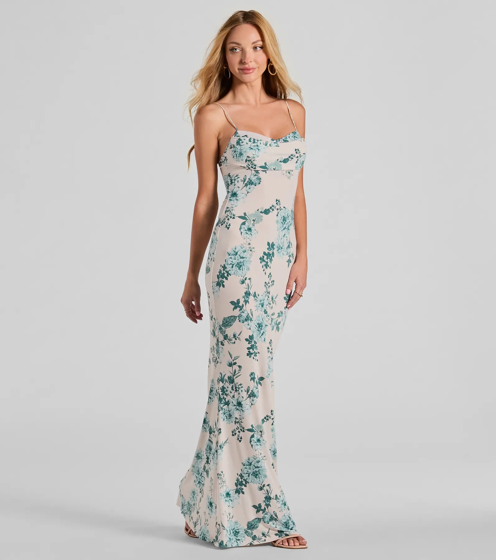 Delightful And Sweet Cowl Neck Floral Maxi Dress