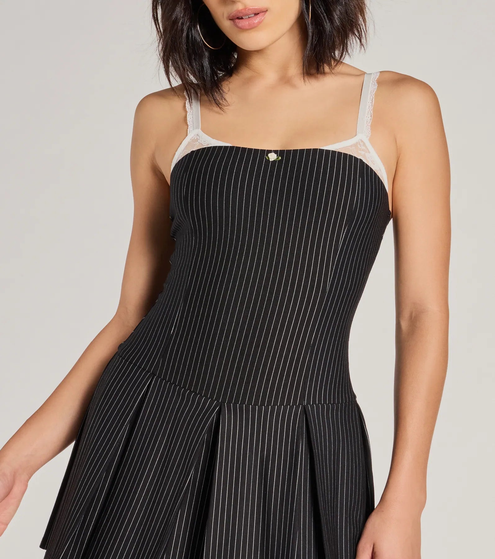 Chicest Look Pinstripe Pleated Drop Waist Romper