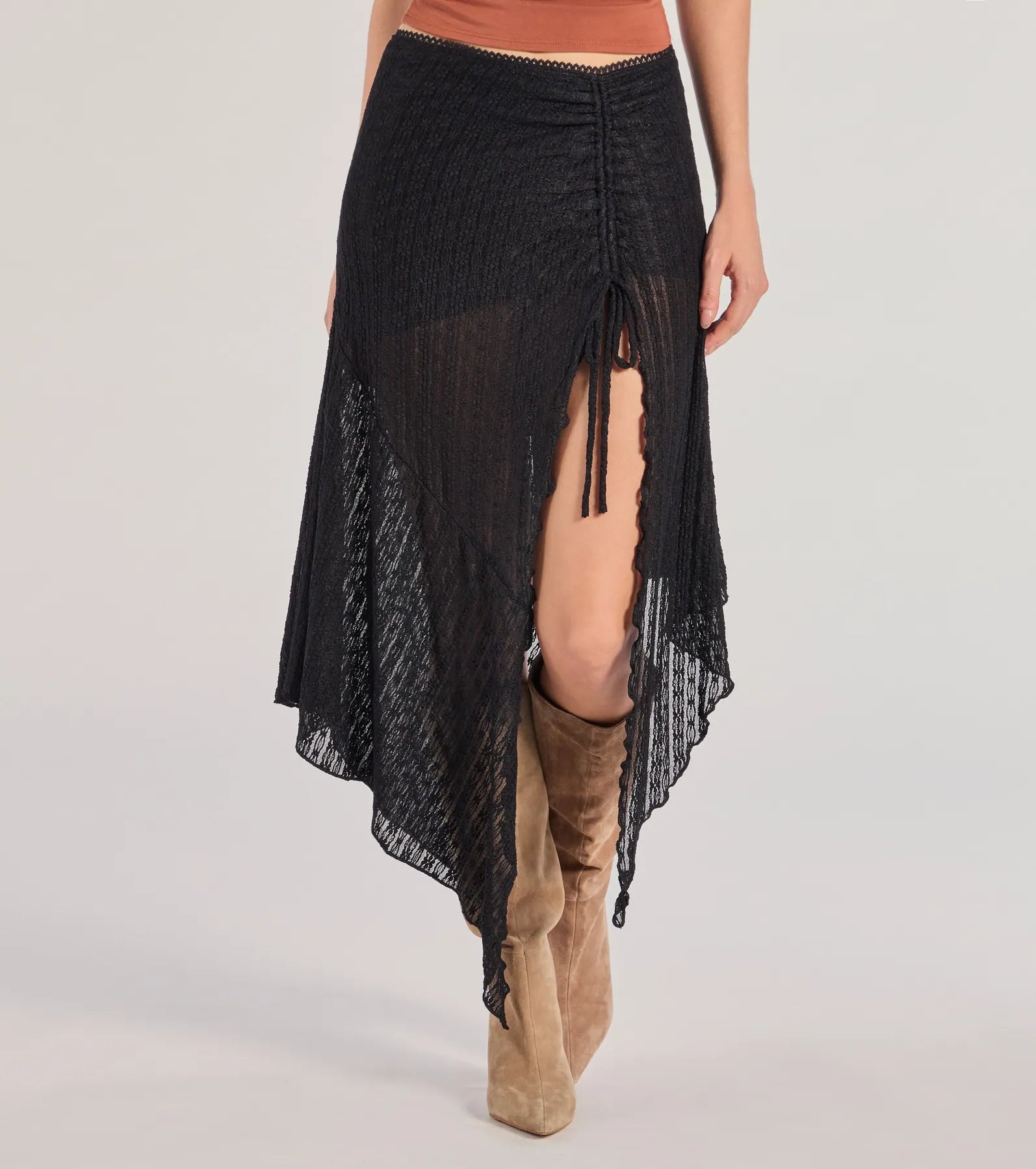 Boho Style Sheer Lace Asymmetric Midi Skirt