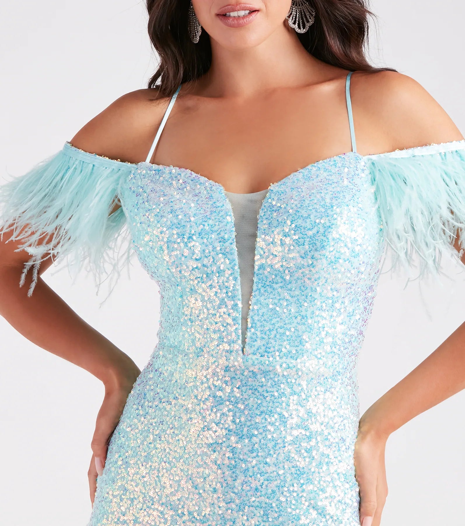 Shelly Sequin Feather Off-The-Shoulder Dress