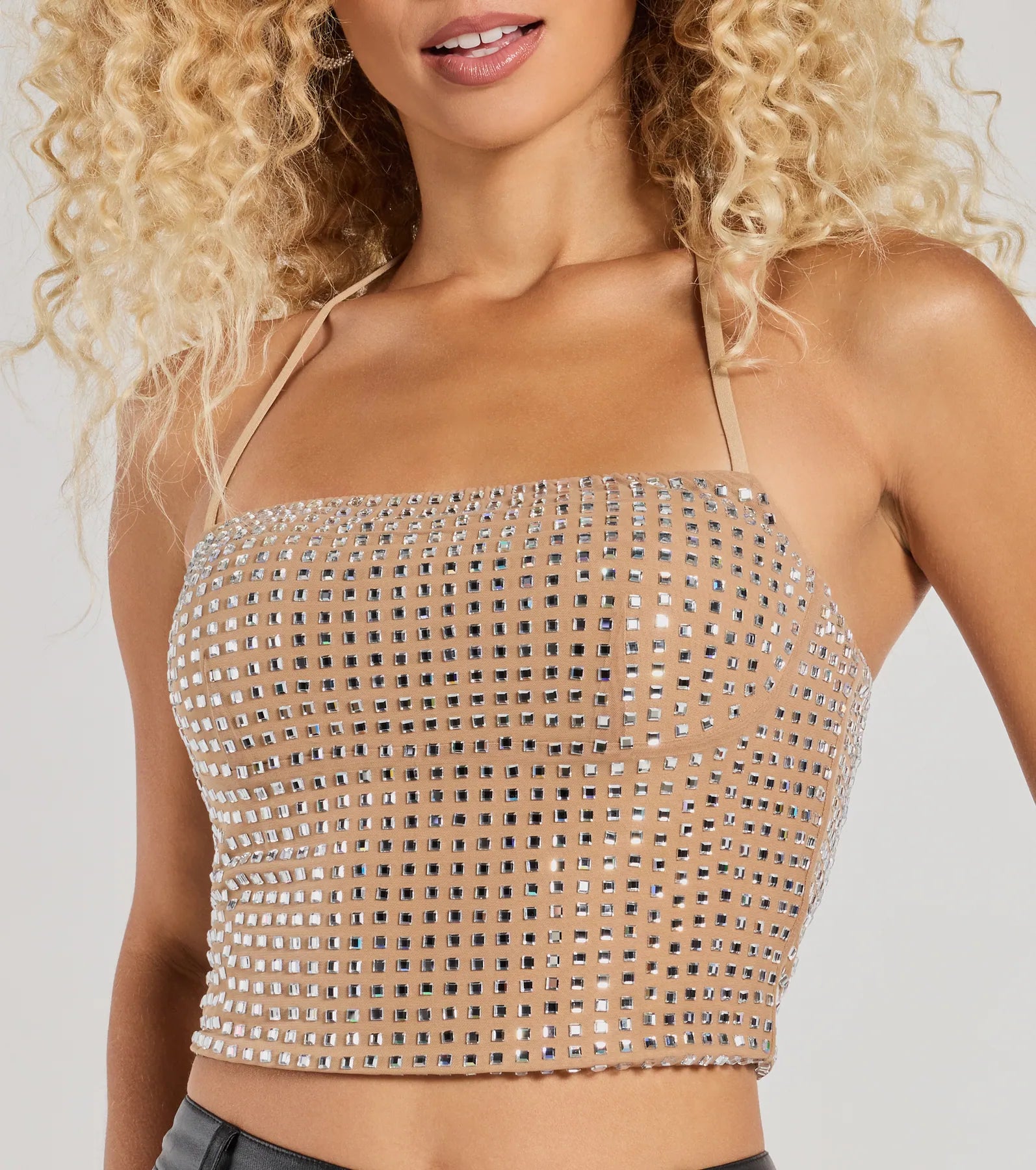 Party Mood Rhinestone Mesh Crop Top