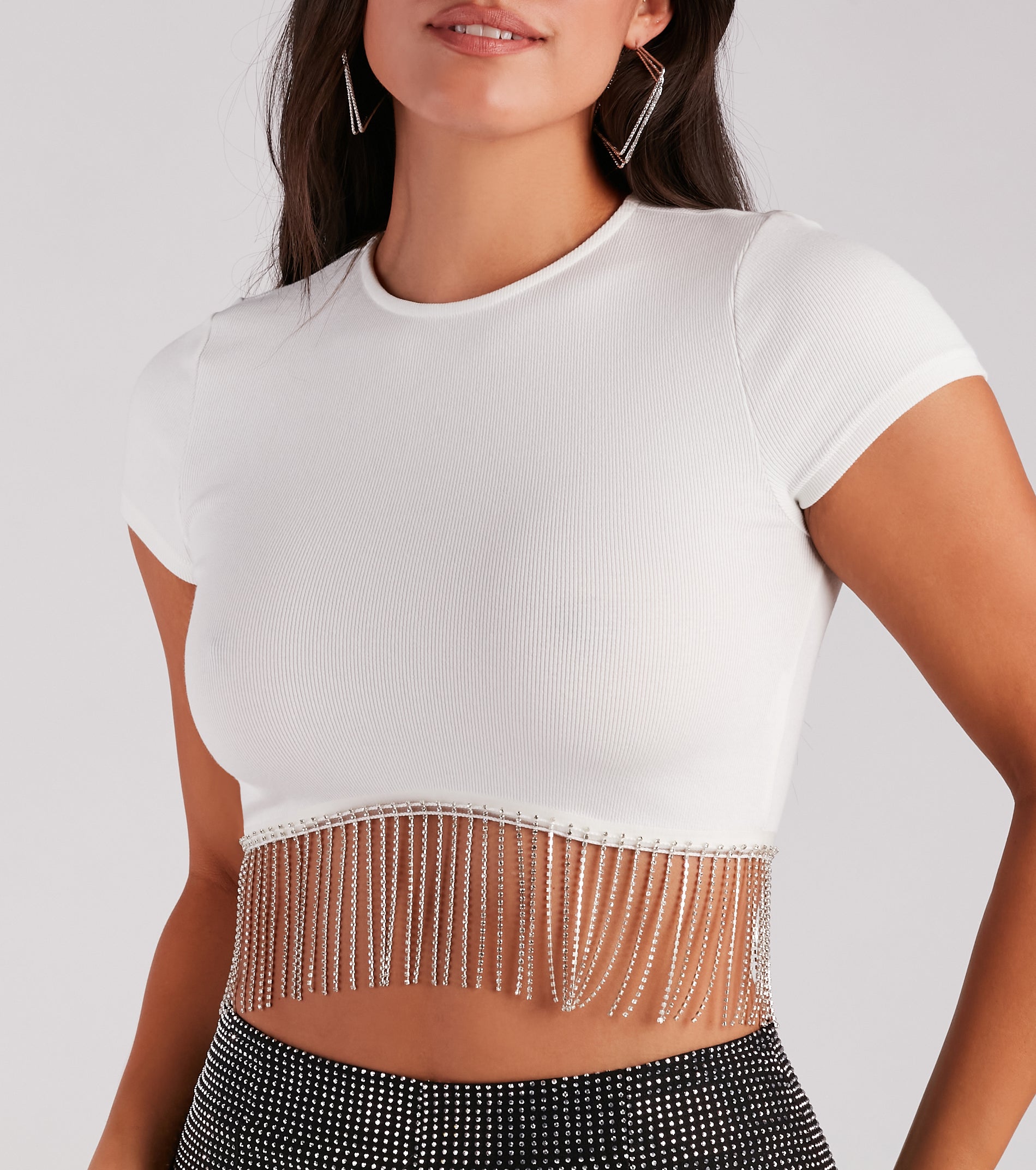 Flaunt Your Shine Rhinestone Fringe Crop Top