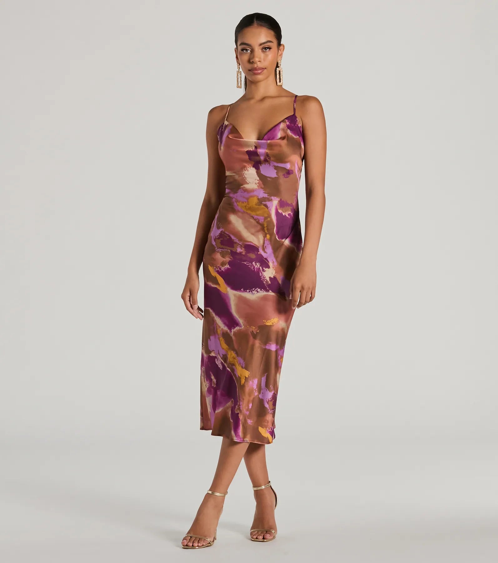 Always Impress Cowl Neck Tie-Dye Satin Midi Dress