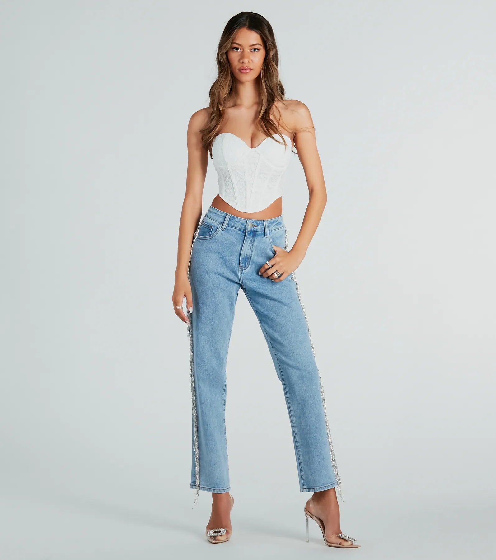 She Glistens High-Rise Rhinestone Denim Jeans