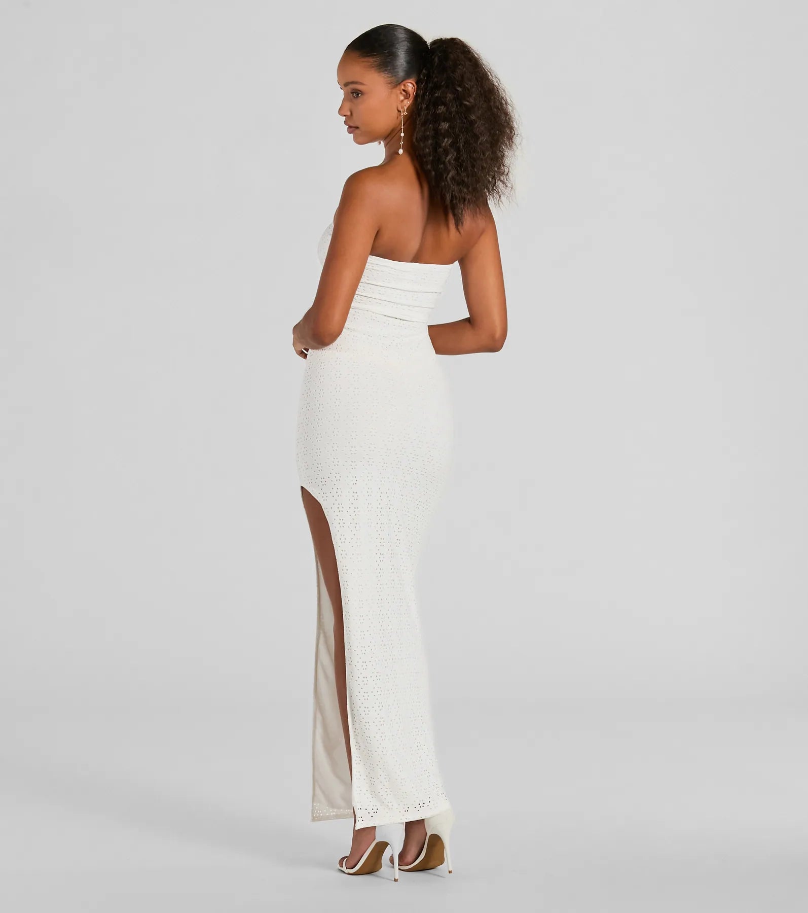 Tuscan Charm Strapless Slit Eyelet Maxi Dress