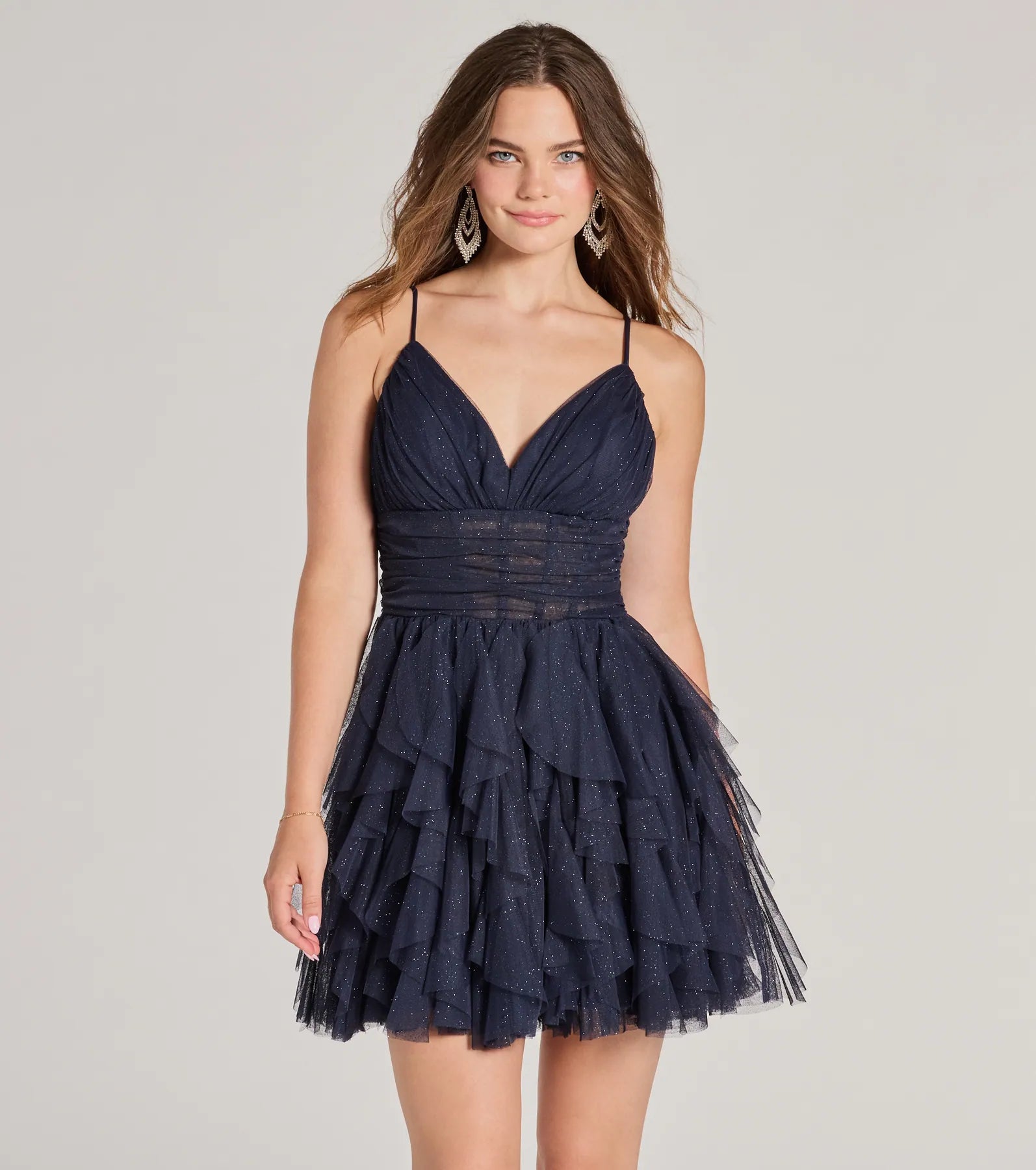 Leanna Ruffle Glitter Mesh Skater Dress