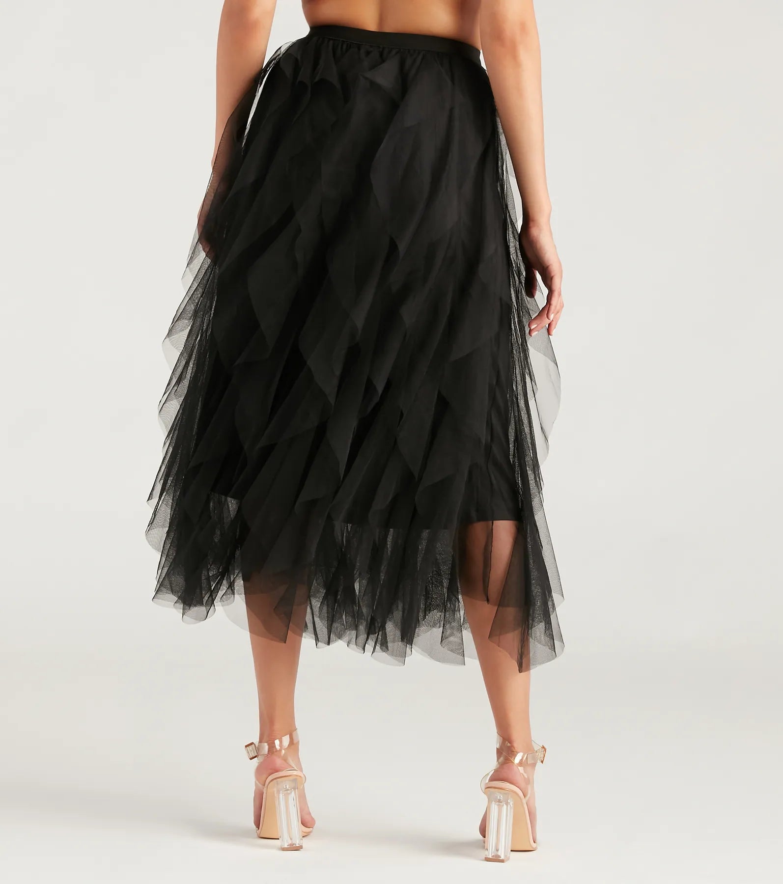 A Little Drama Ruffled Tulle Midi Skirt