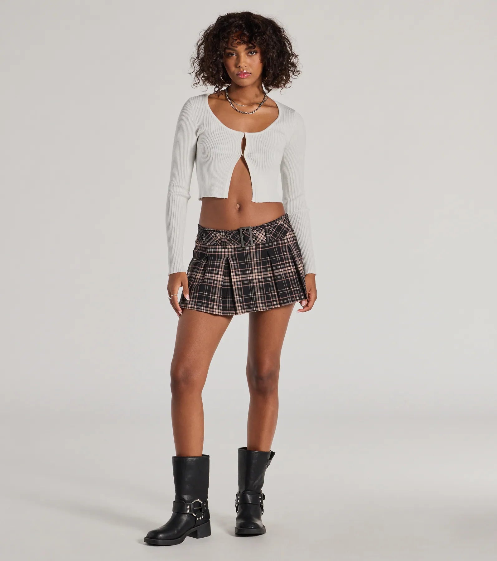 Totally Fab Belted Plaid Pleated Micro Skort