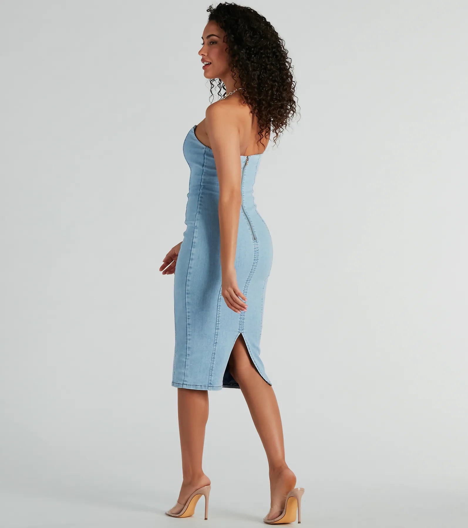 Crush-Worthy Strapless Denim Bodycon Midi Dress