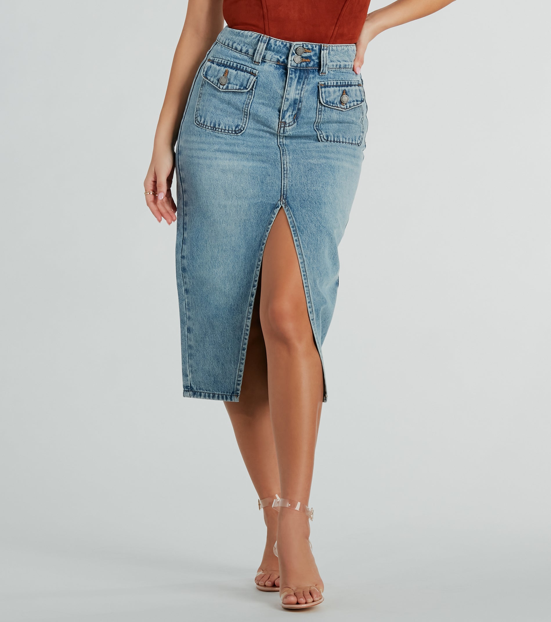 Iconic Trendsetter High Rise Slit Denim Midi Skirt