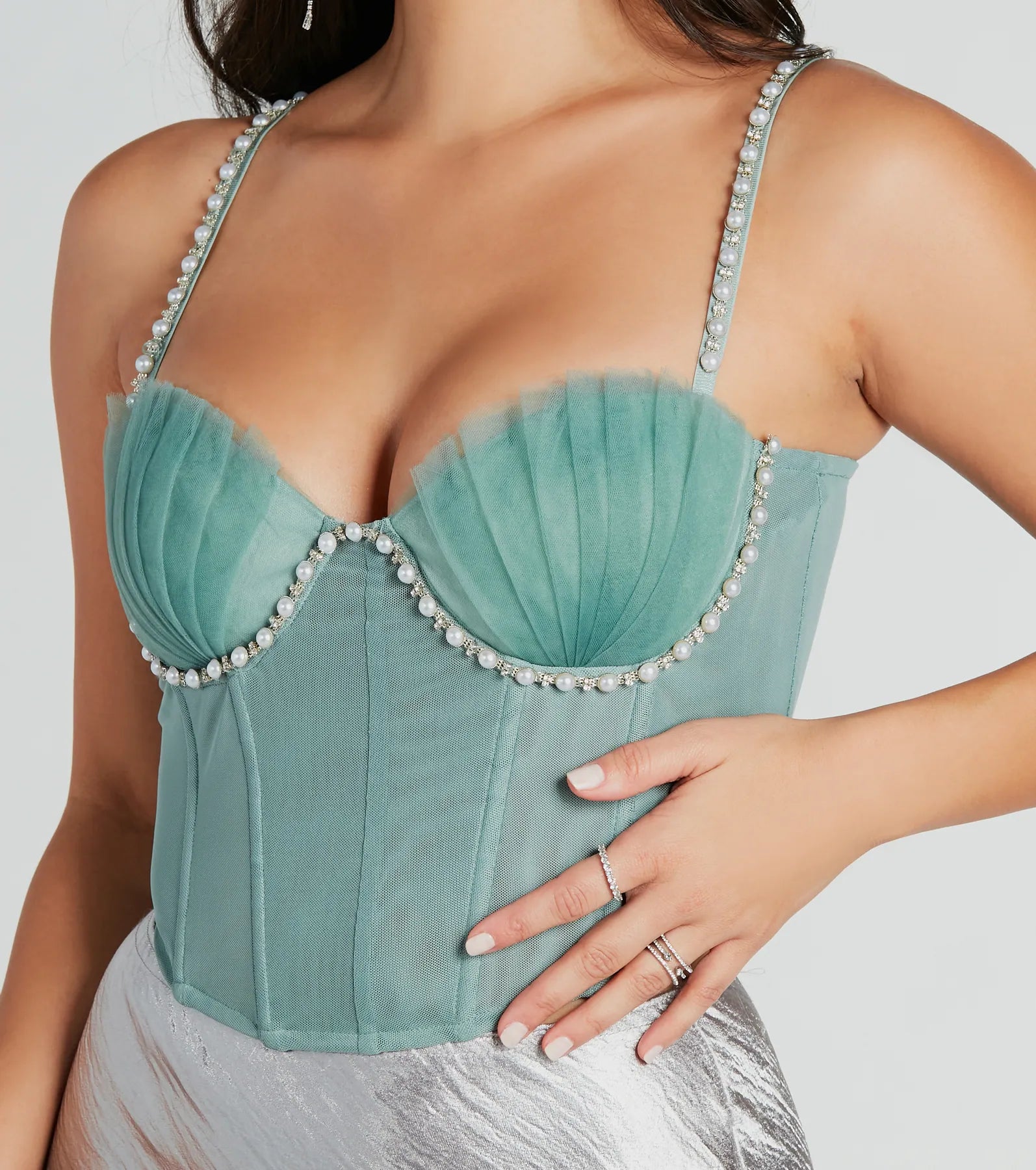 Dreamy Pearl And Rhinestone Trim Bustier Top