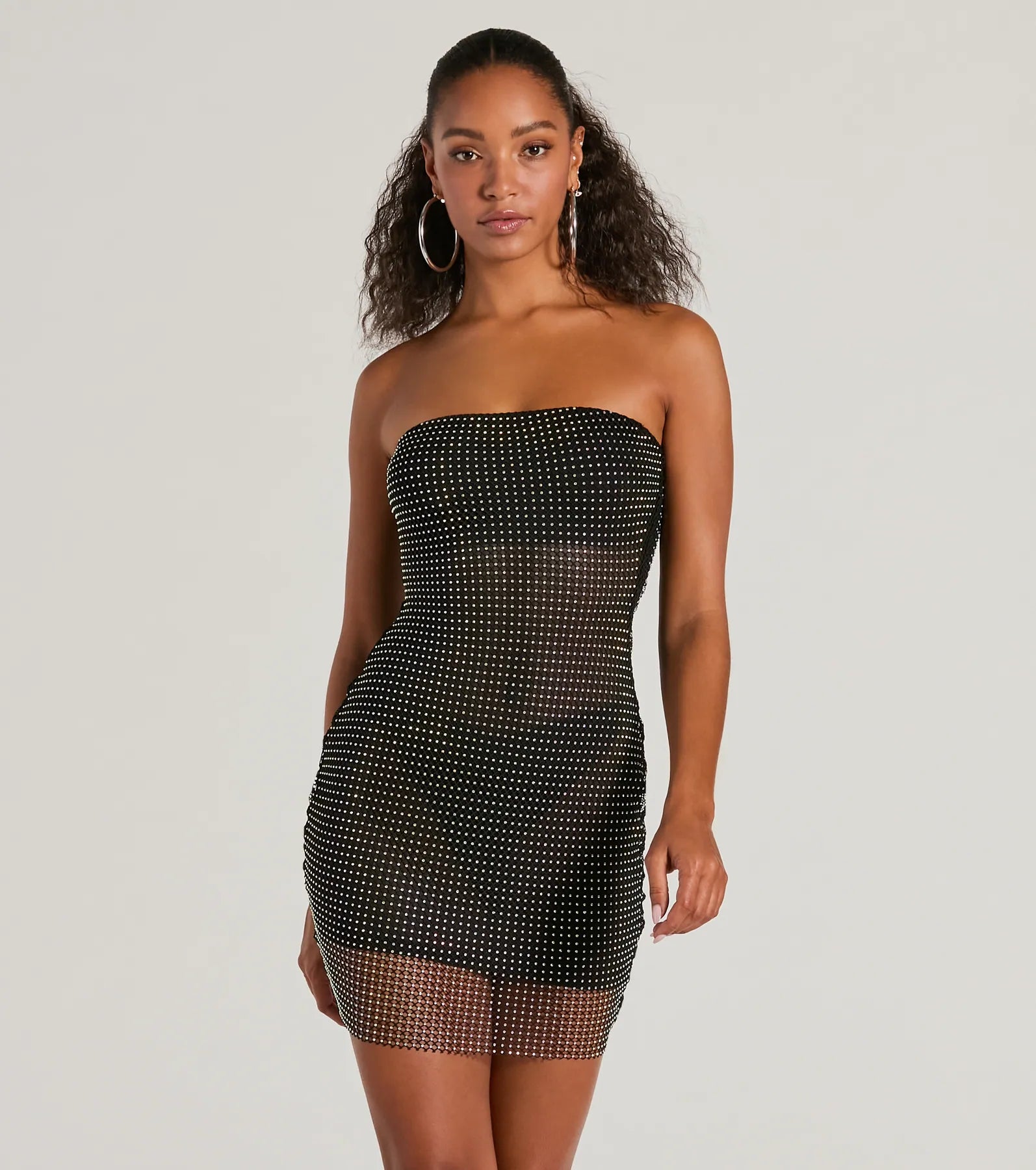 Dancing Babe Strapless Rhinestone Fishnet Mini Dress