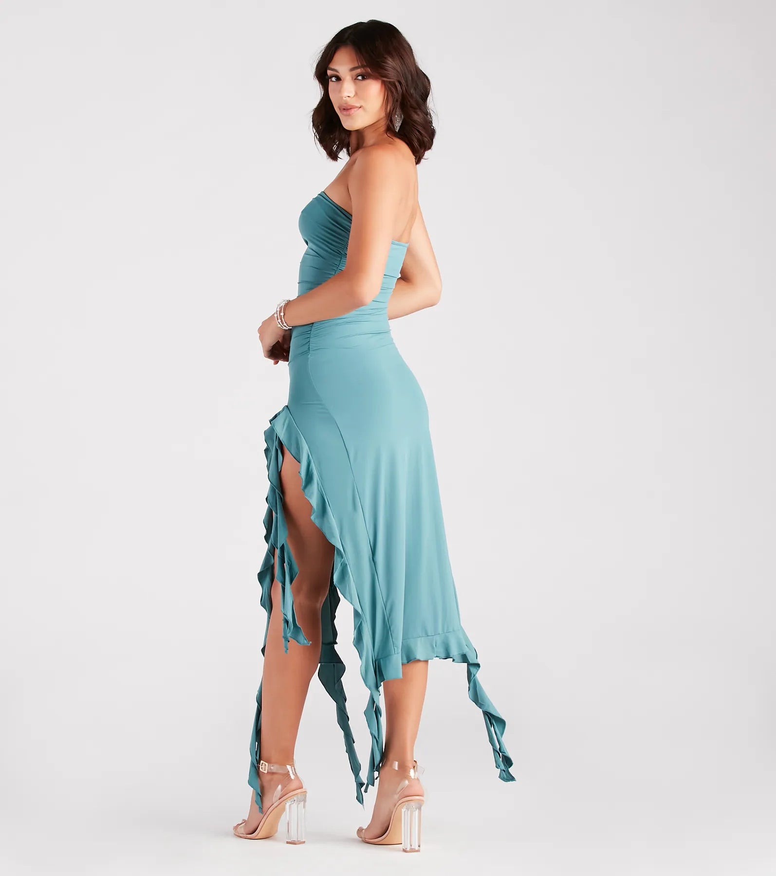 Flirty Attitude Ruffled High Slit Midi Dress