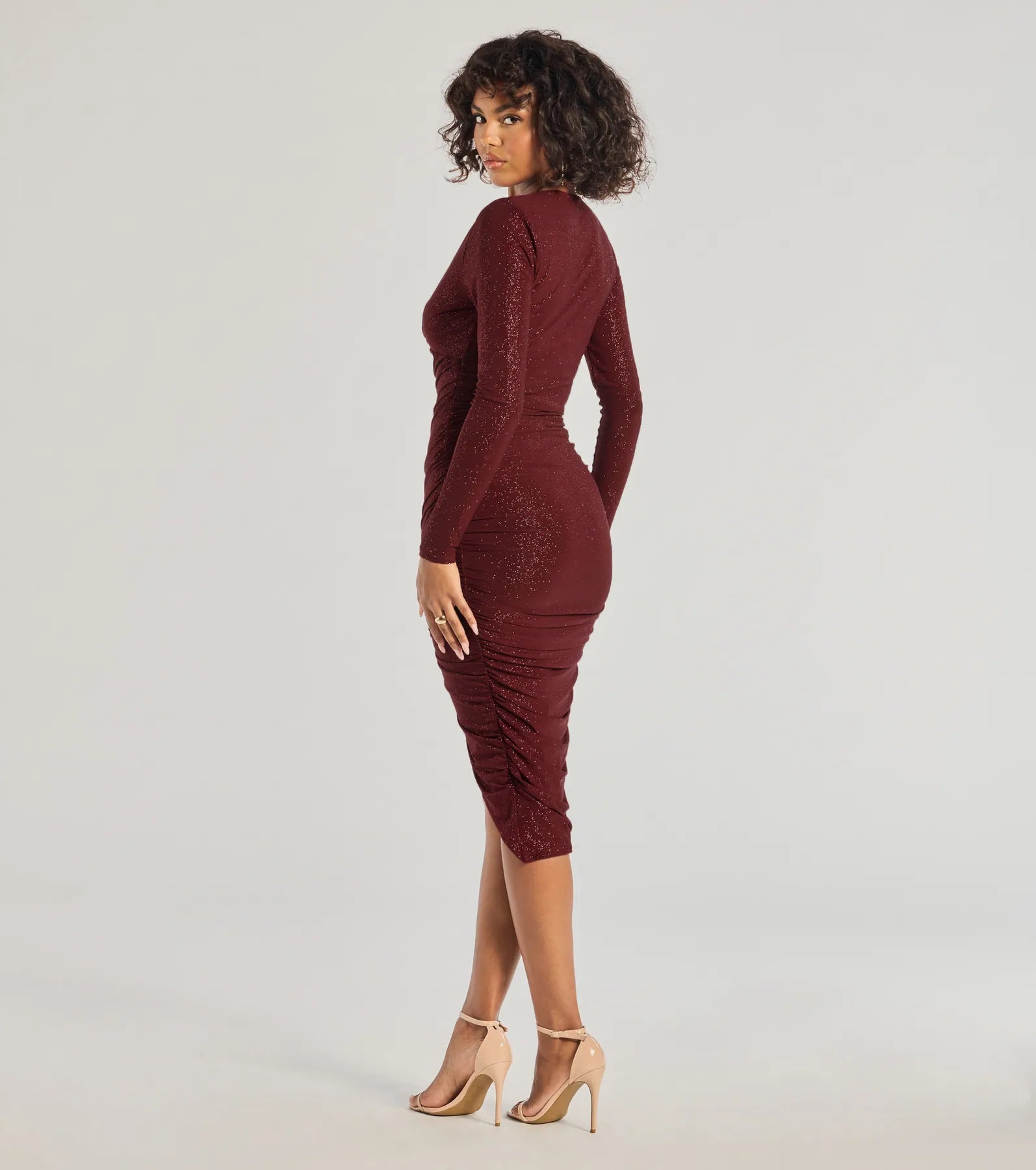 Rhea Long Sleeve Wrap Glitter Midi Dress