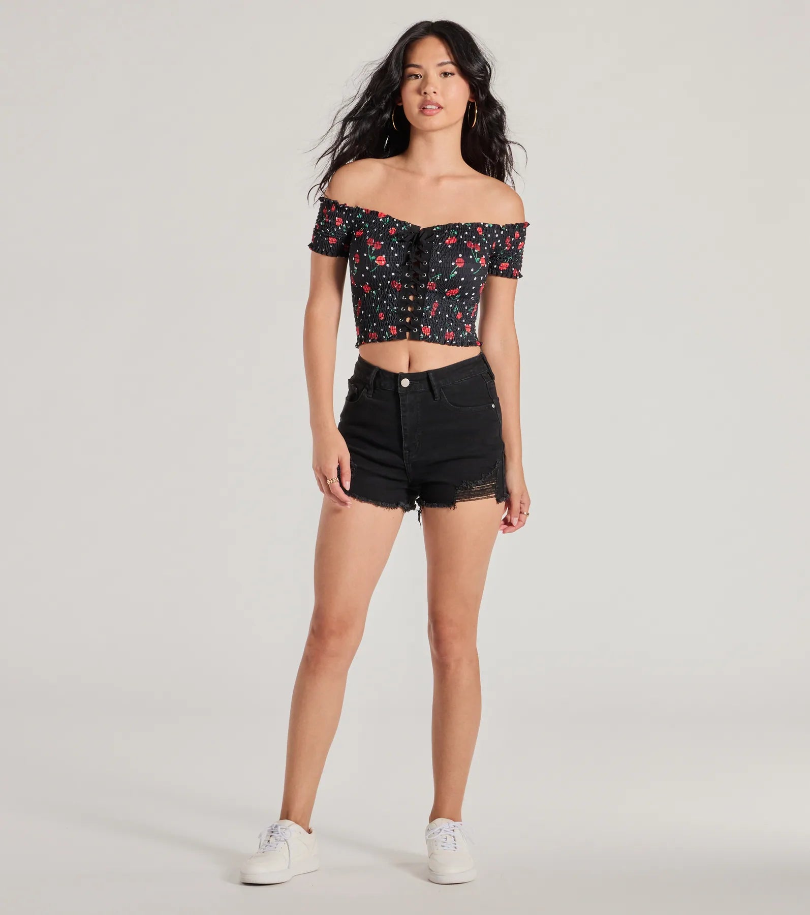 Sweet Like Cherries Lace-Up Off-The-Shoulder Top