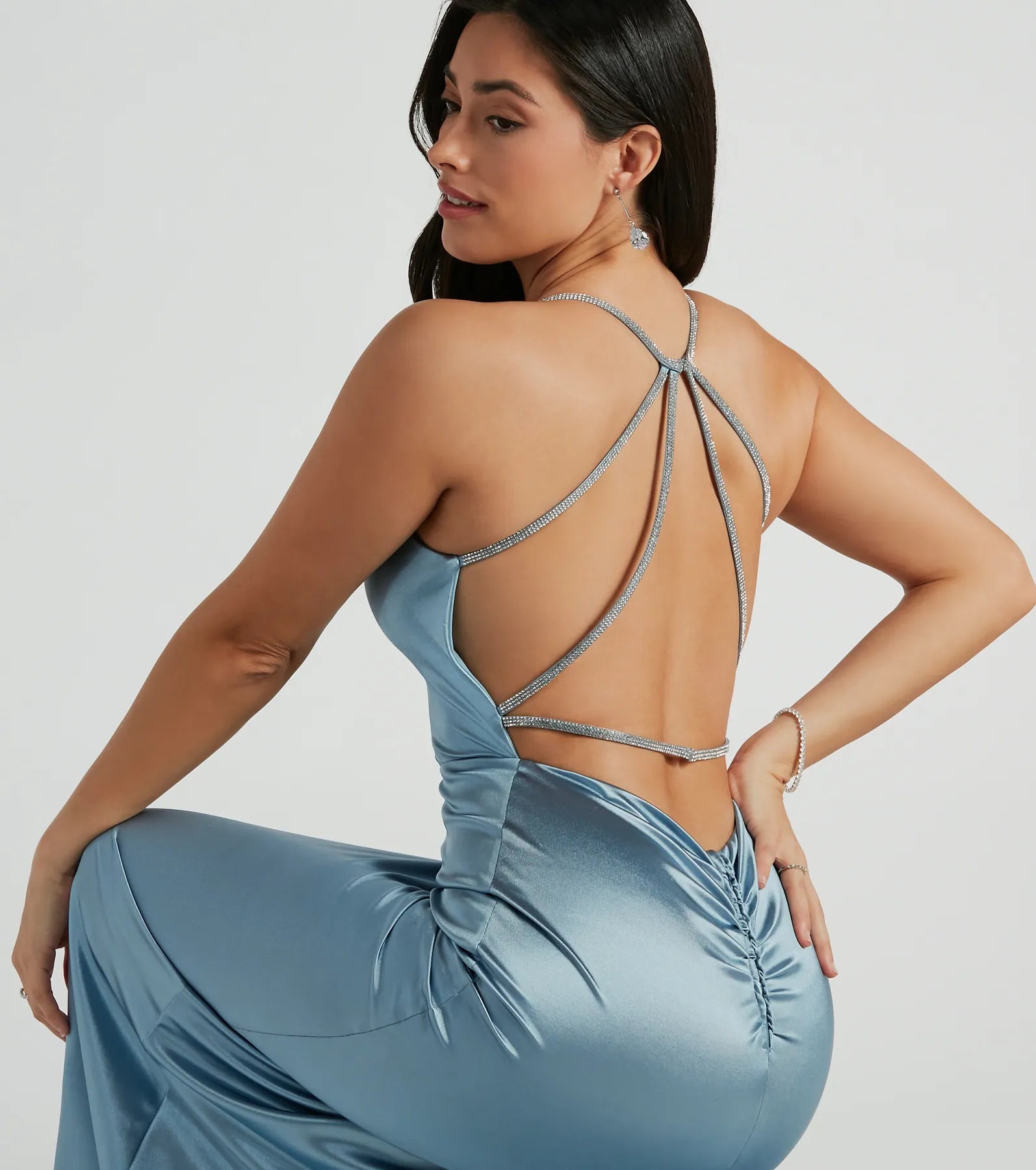 Kaley Rhinestone Strappy Mermaid Satin Dress