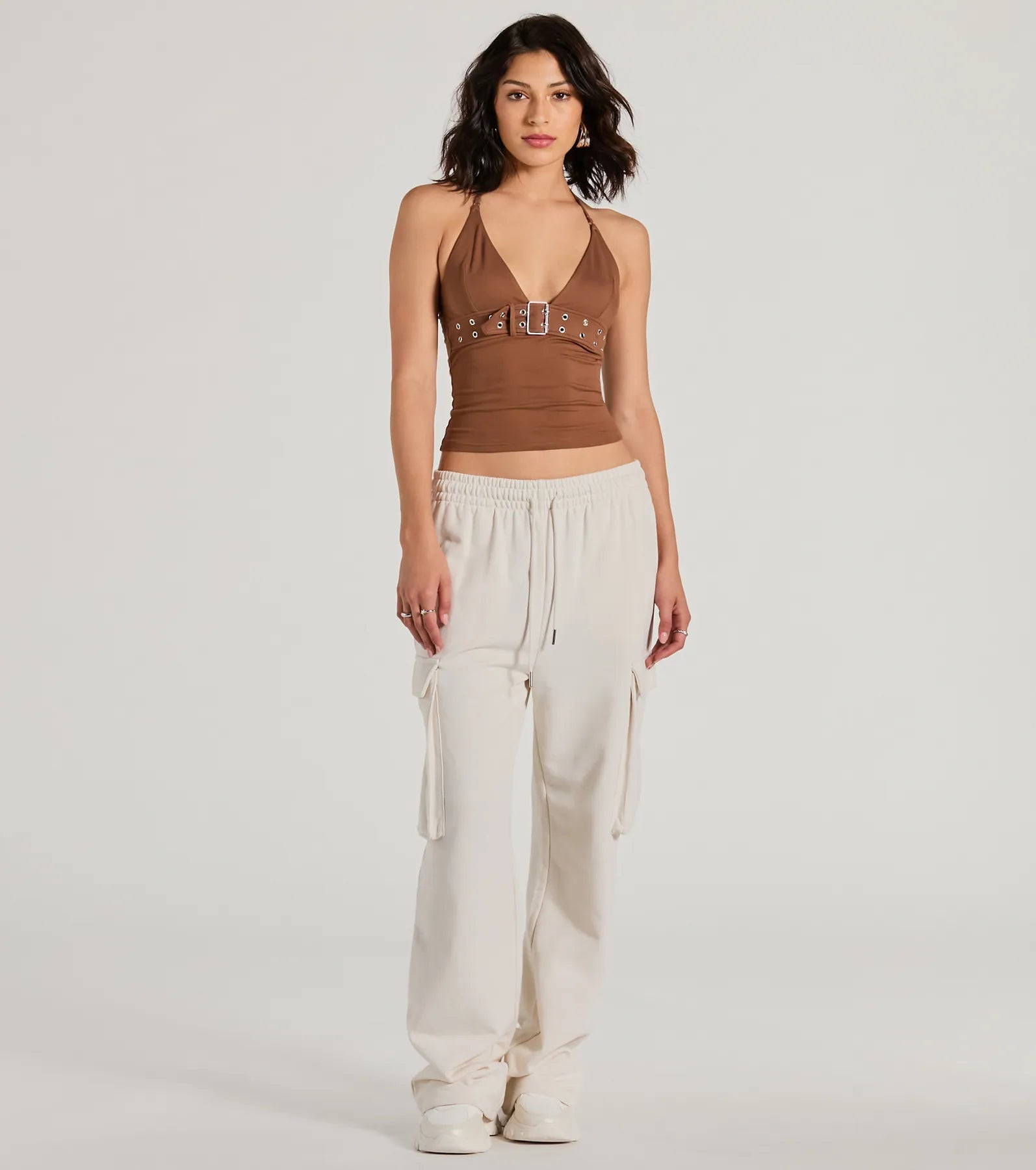 Buckle Down Halter V-Neck Crop Top