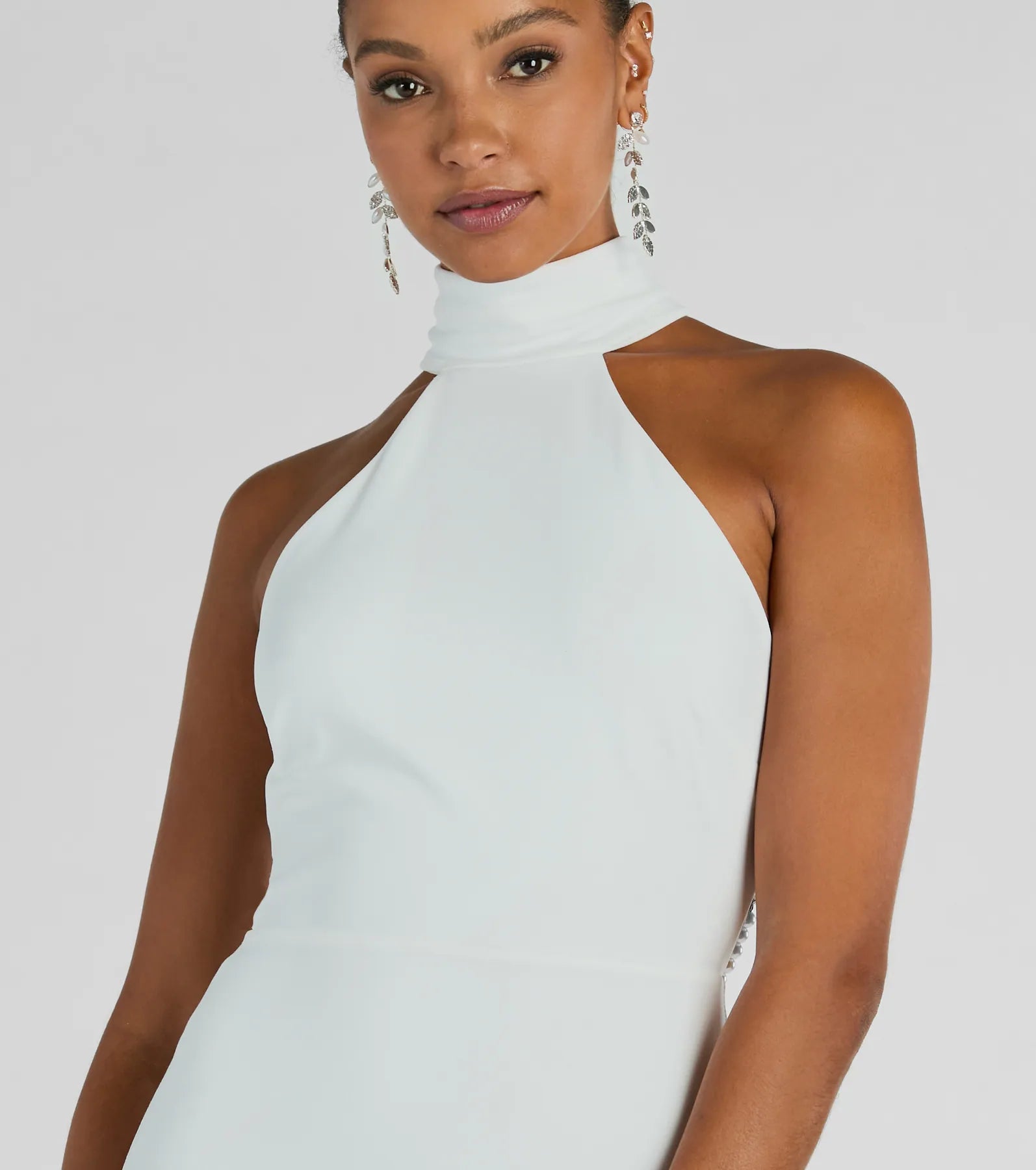 Maia Halter Faux Pearl Strap Crepe Mermaid Dress