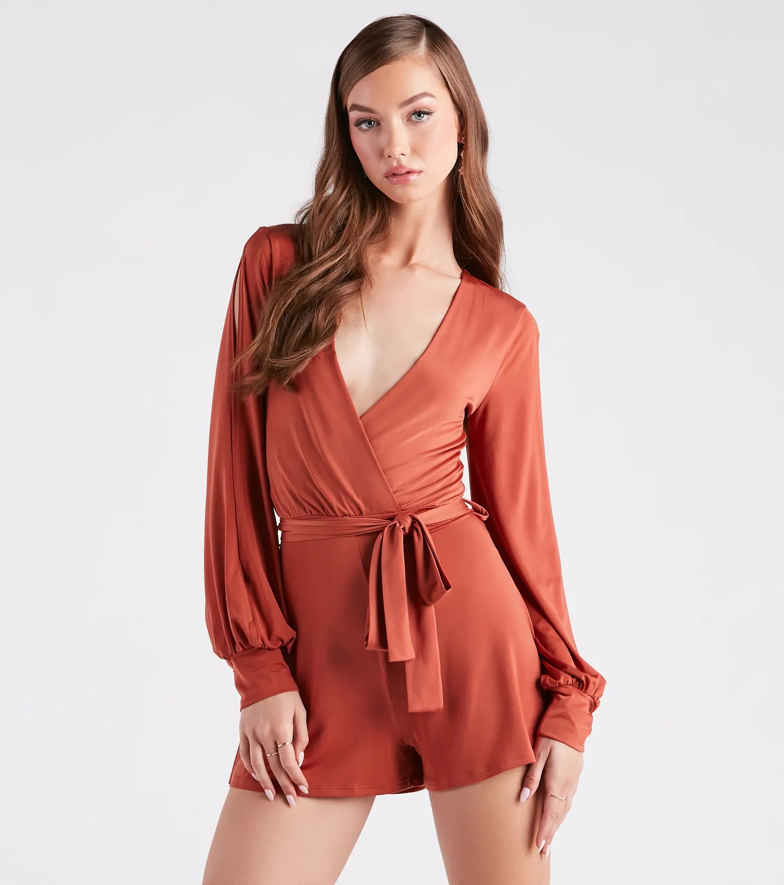 Sweet Talks Plunge Neck Split Sleeve Romper