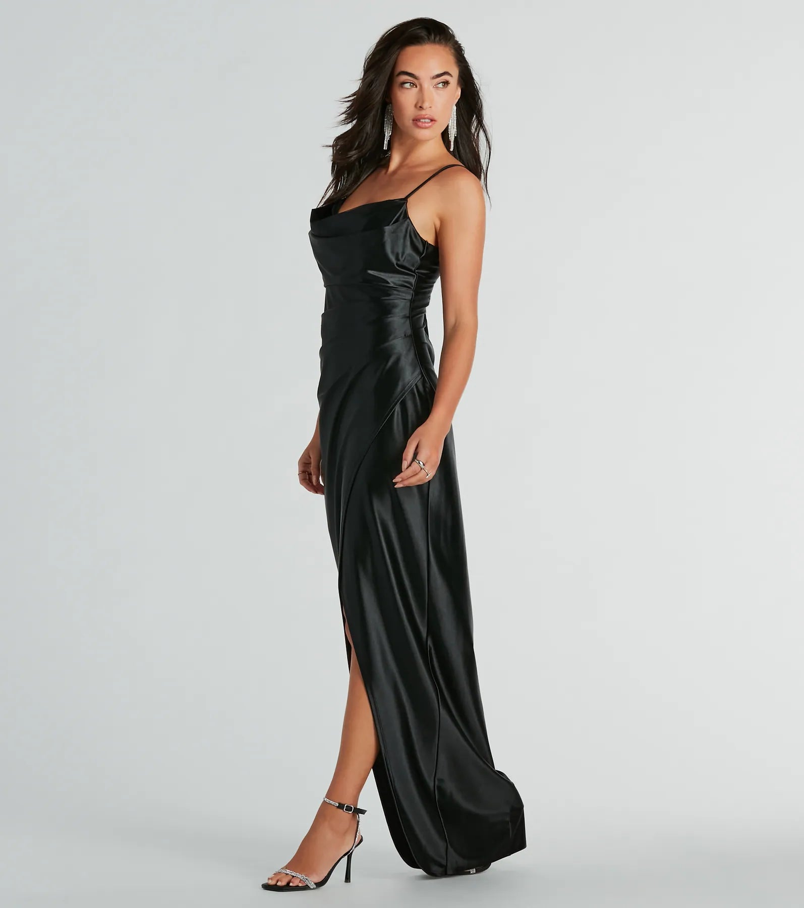 Stephanie Cowl Neck Wrap Satin Formal Dress