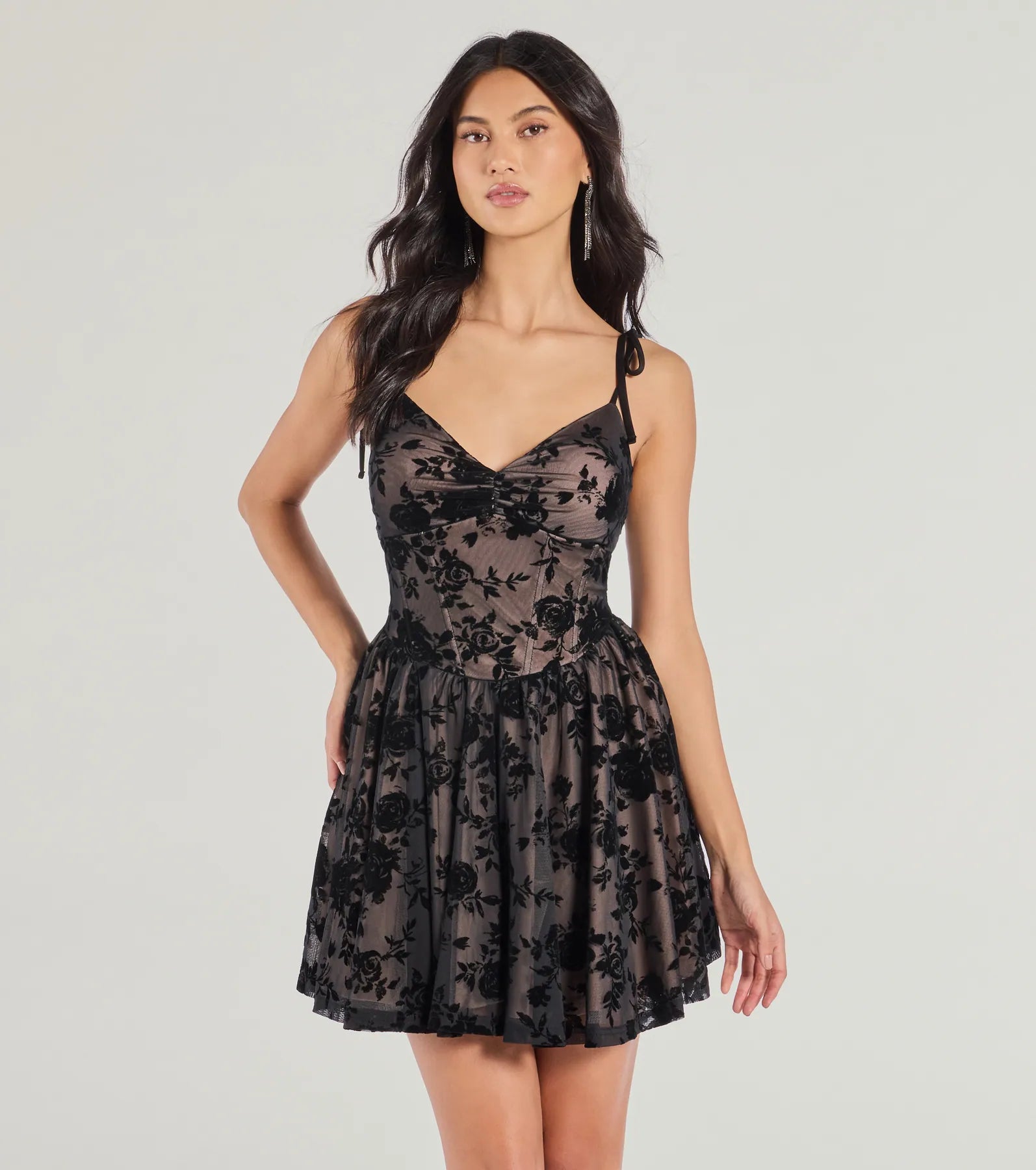 Decadent Beauty Flocked Floral Velvet Skater Dress