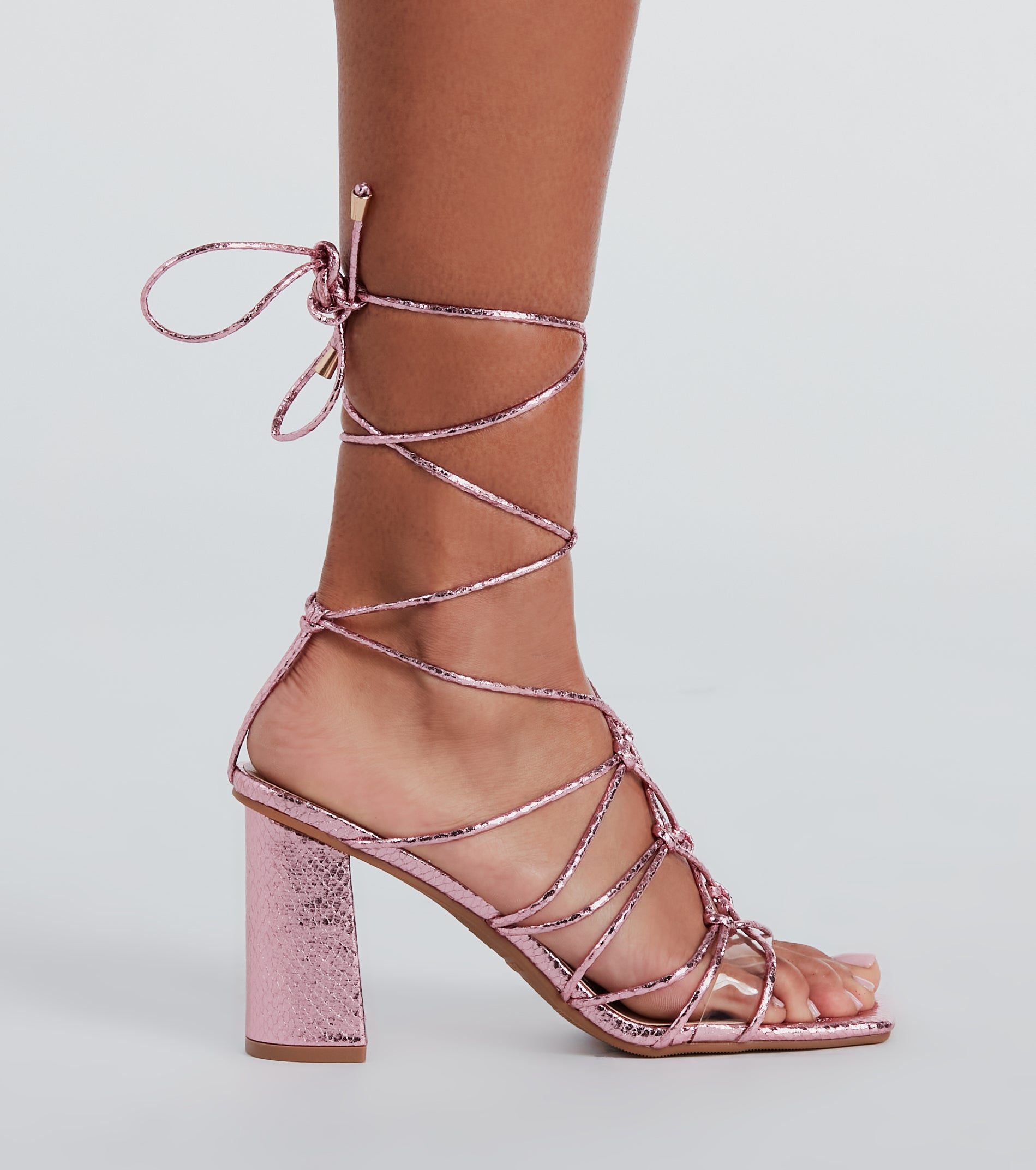 Fashionable Caged Lace-Up Metallic Heels