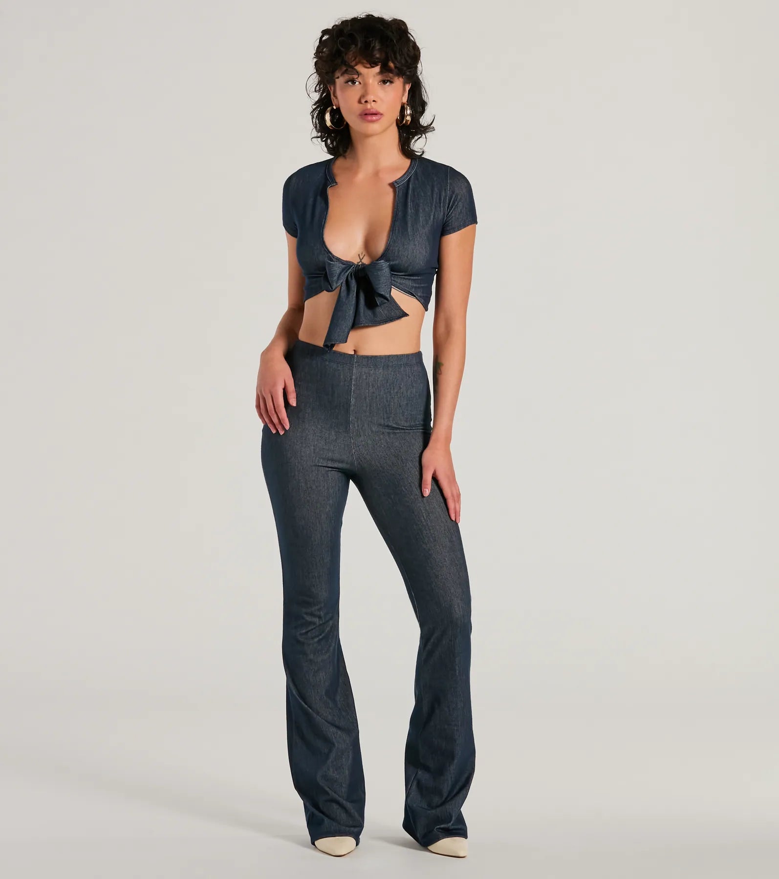 Cause A Commotion Tie Front Denim Crop Top