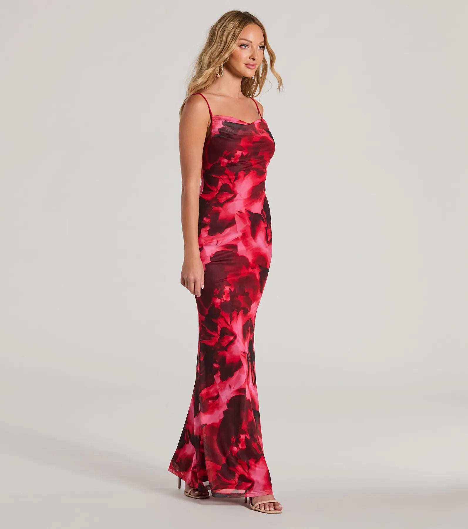 Catch Attention Cowl Neck Abstract Floral Maxi Dress