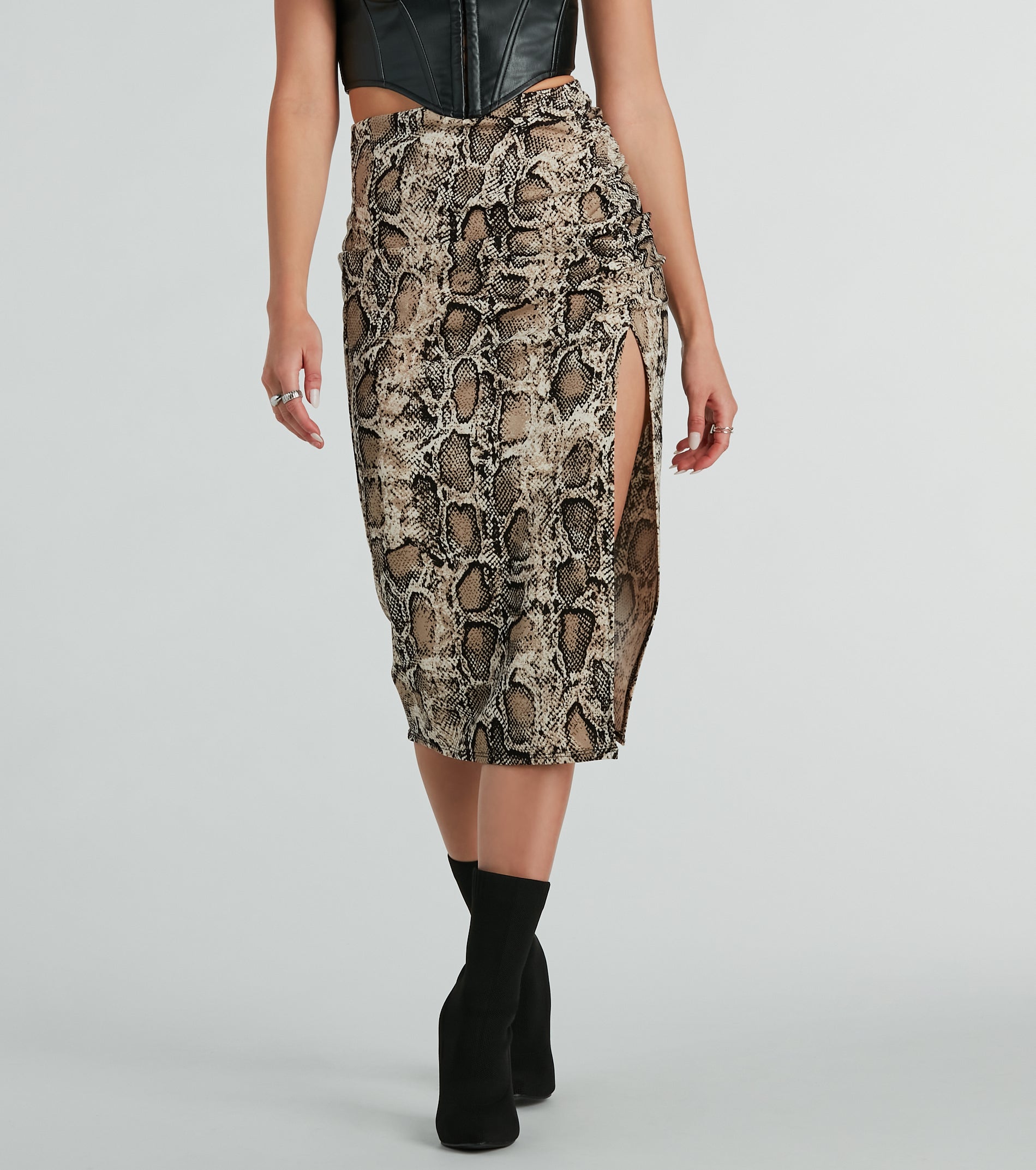 Rattle Me Up Snake Print Slit Midi Skirt