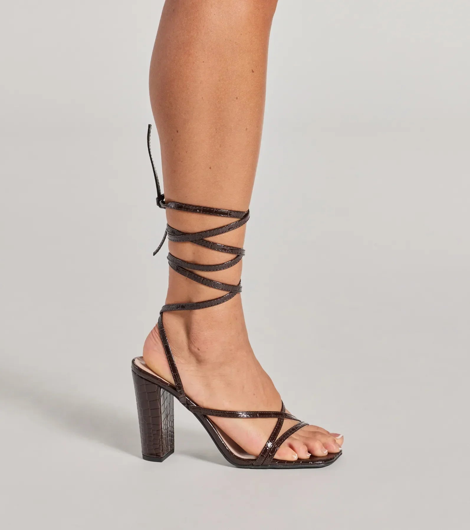 So Sleek Faux Croc Embossed Lace-Up Block Heels