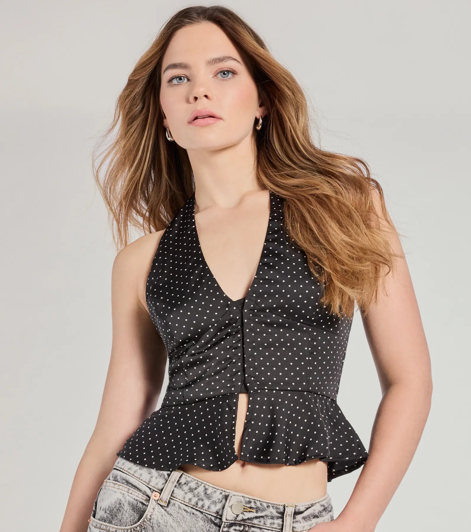 Pretty Flair Polka Dot Satin Halter Top