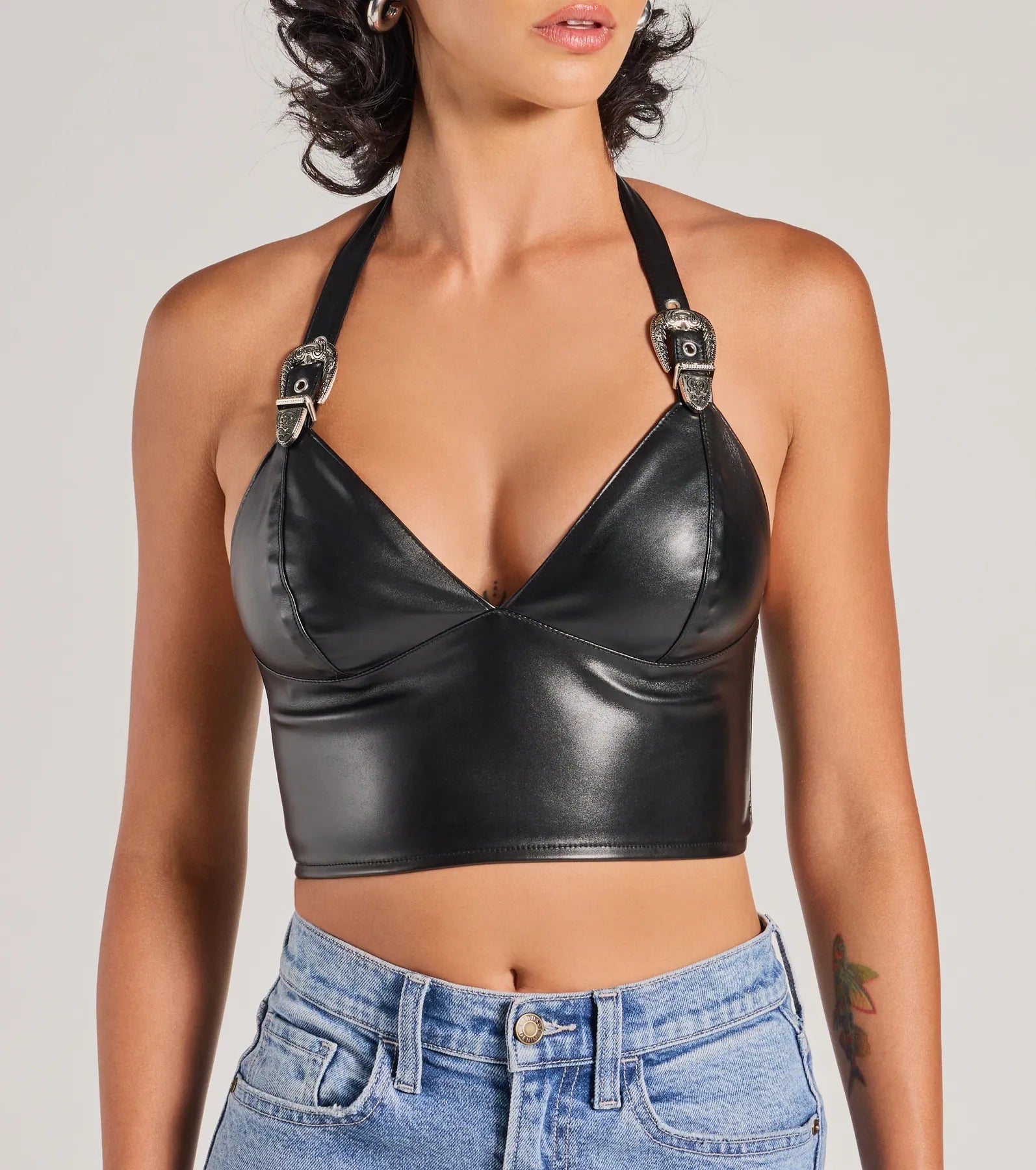 Bold Buckle Halter Strap Faux Leather Crop Top