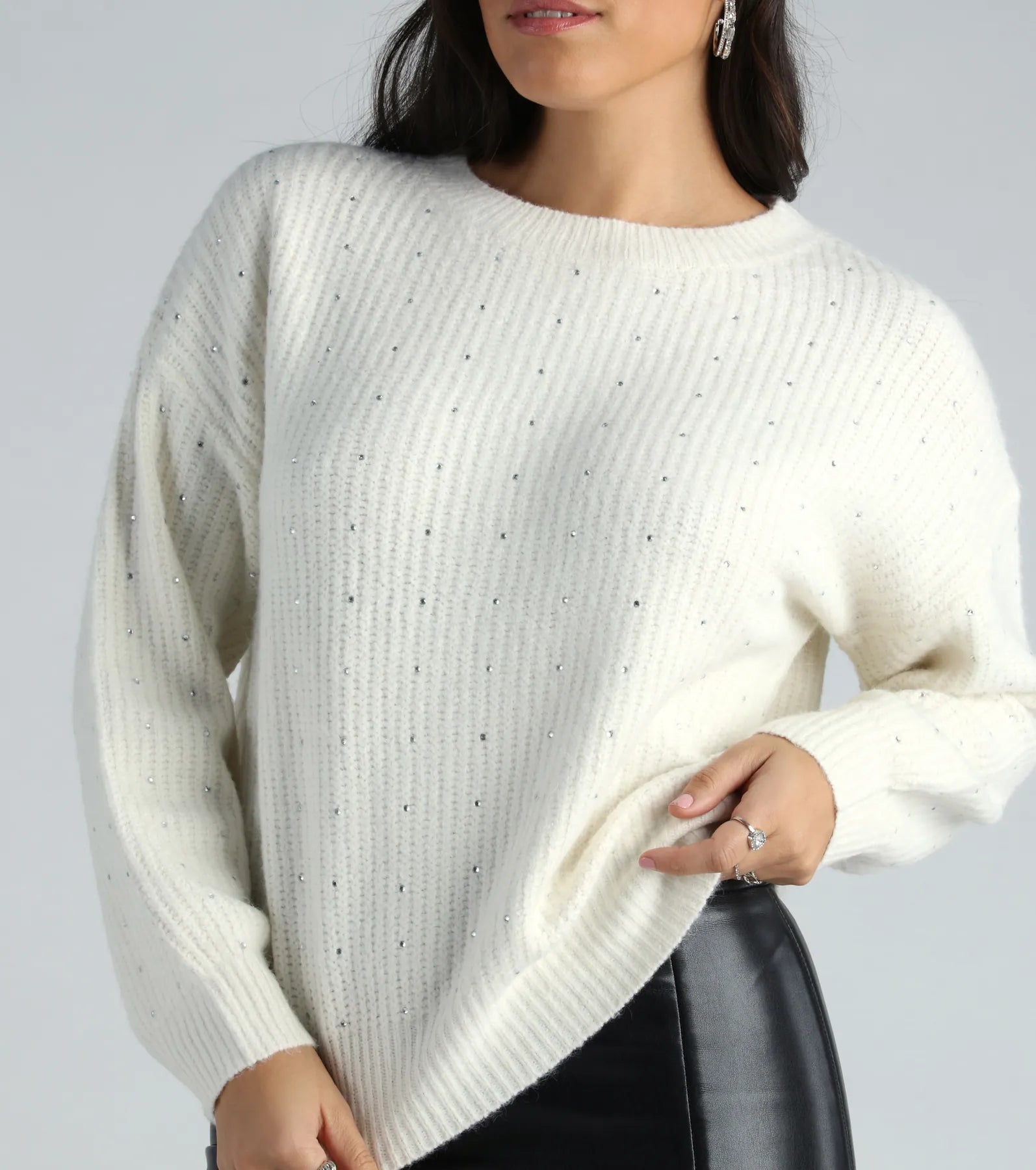 She Dazzles Long Sleeve Rhinestone Knit Sweater