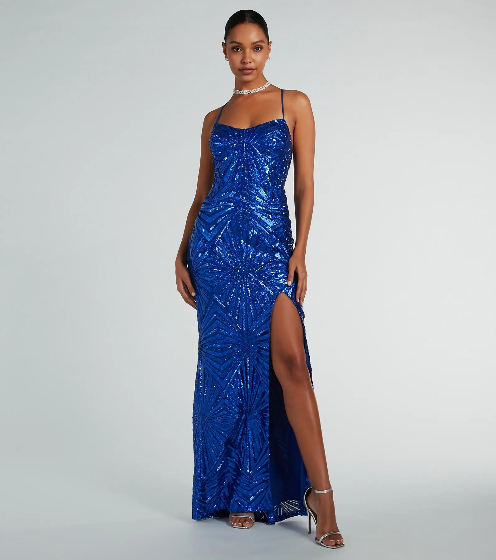 Regina Lace-Up Mermaid Sequin Mesh Formal Dress