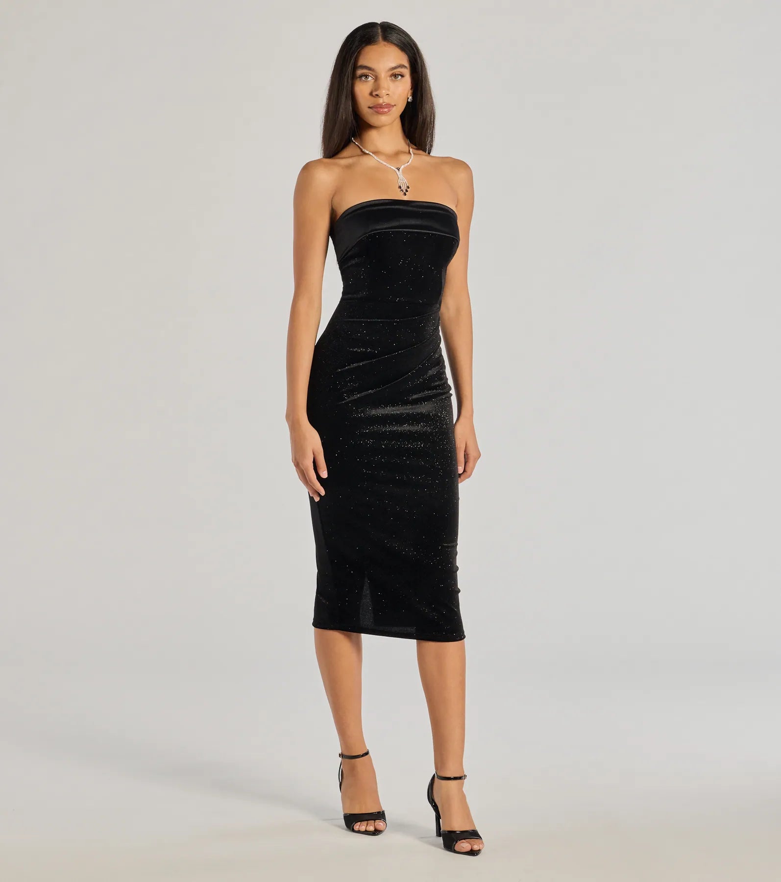 Sparkly Beauty Glitter Velvet Strapless Midi Dress