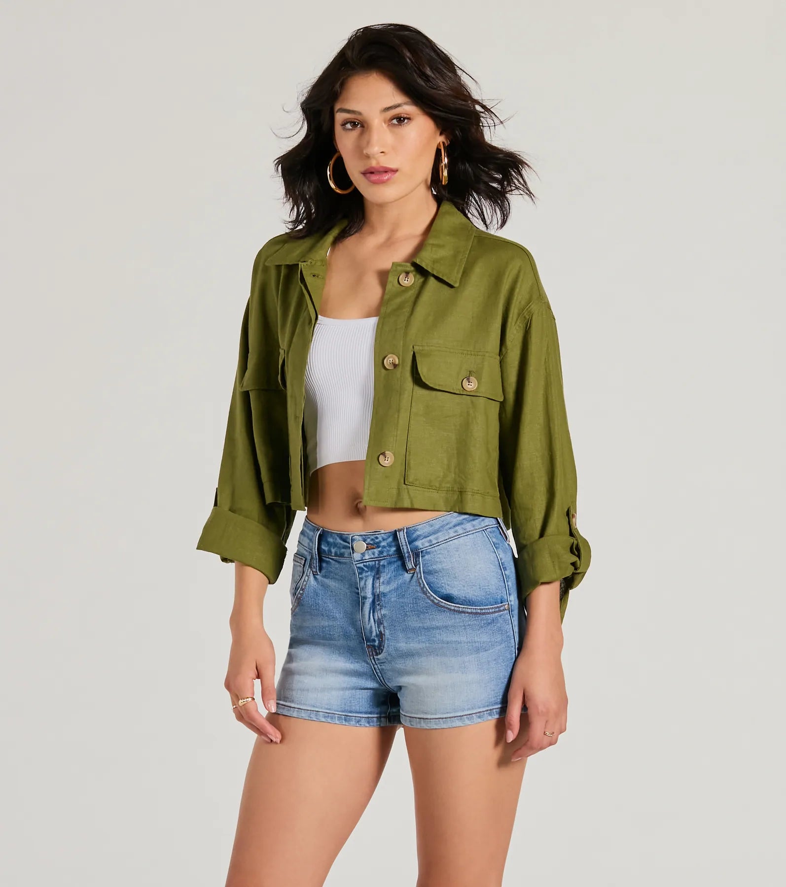 Effortless Personality Button Up Crop Linen Shacket