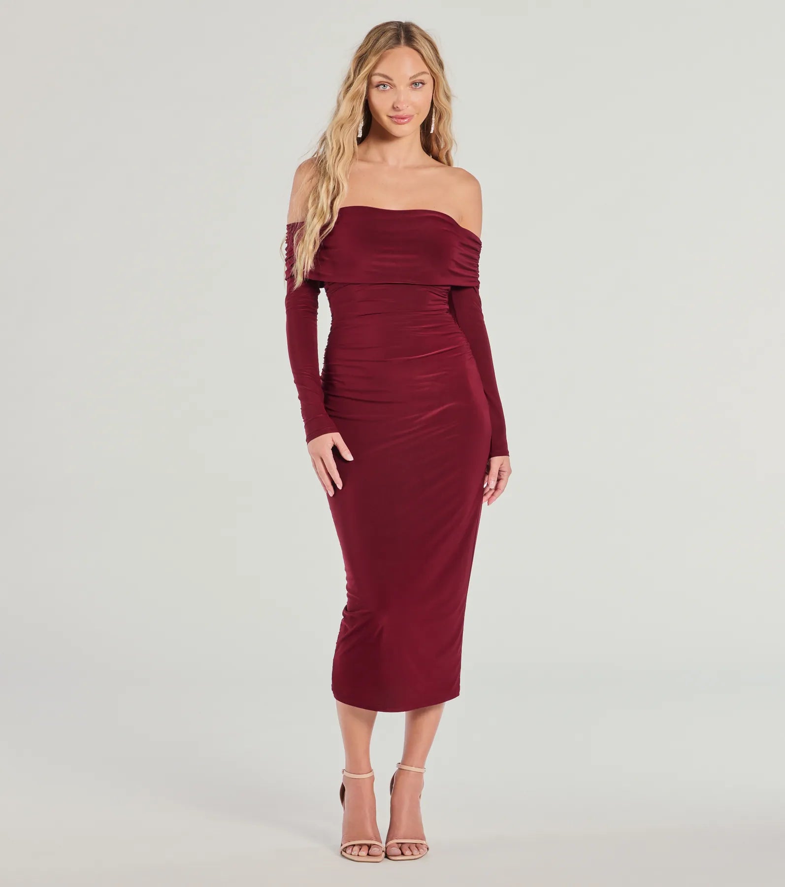 Casual Affair Long Sleeve Ruched Midi Dress