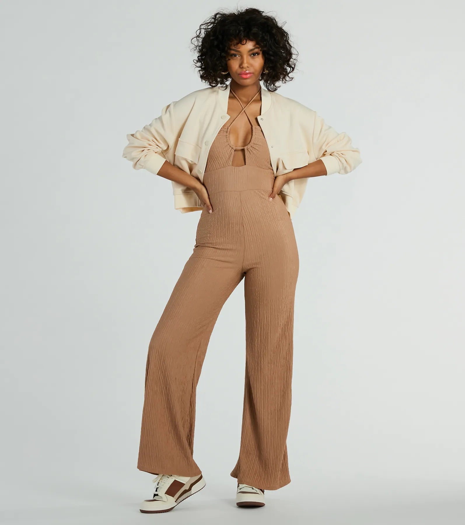 Sunny Energy Halter Cut Out Wide Leg Jumpsuit