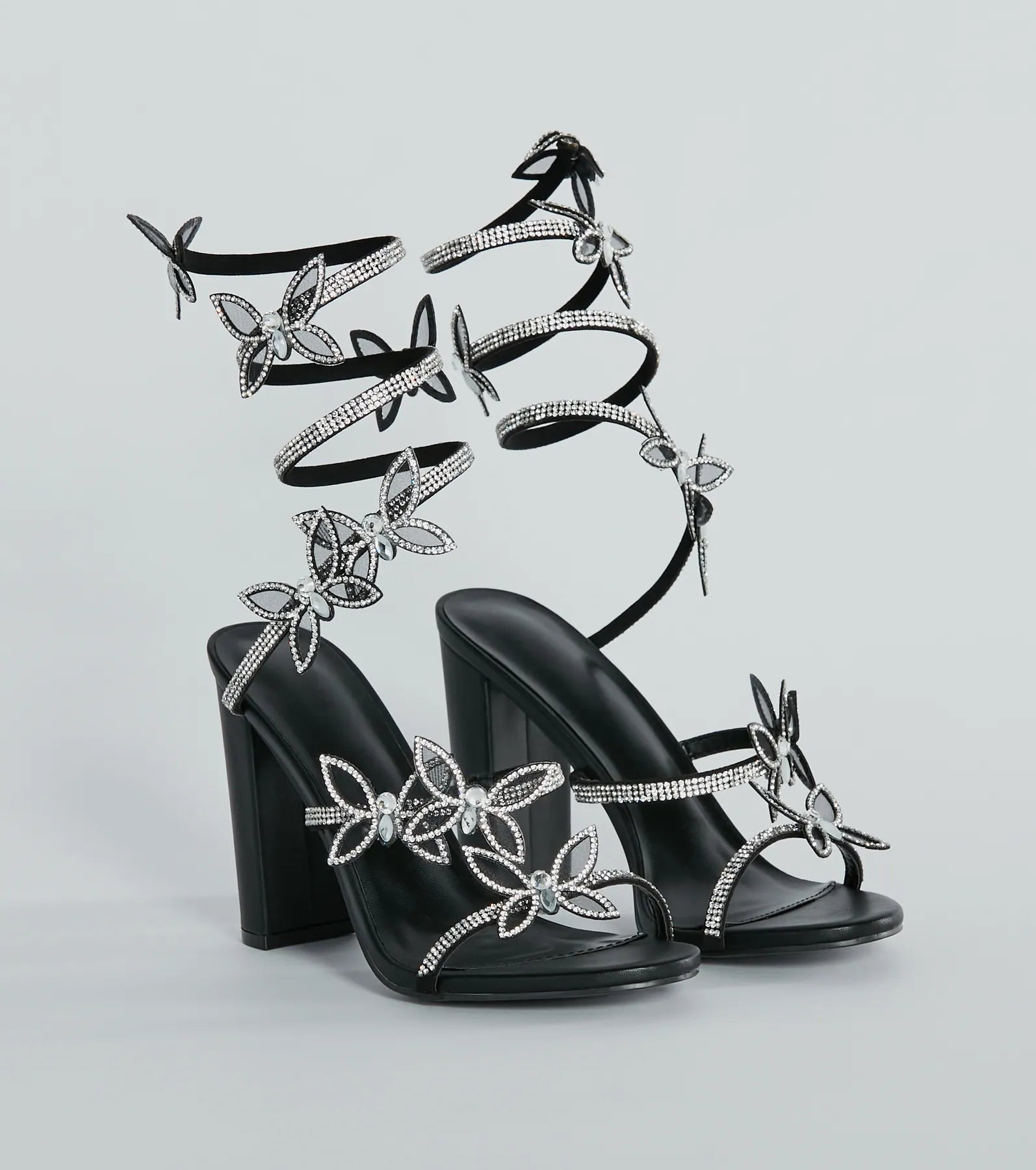 Glamour Butterfly Rhinestone Spiral Block Heels