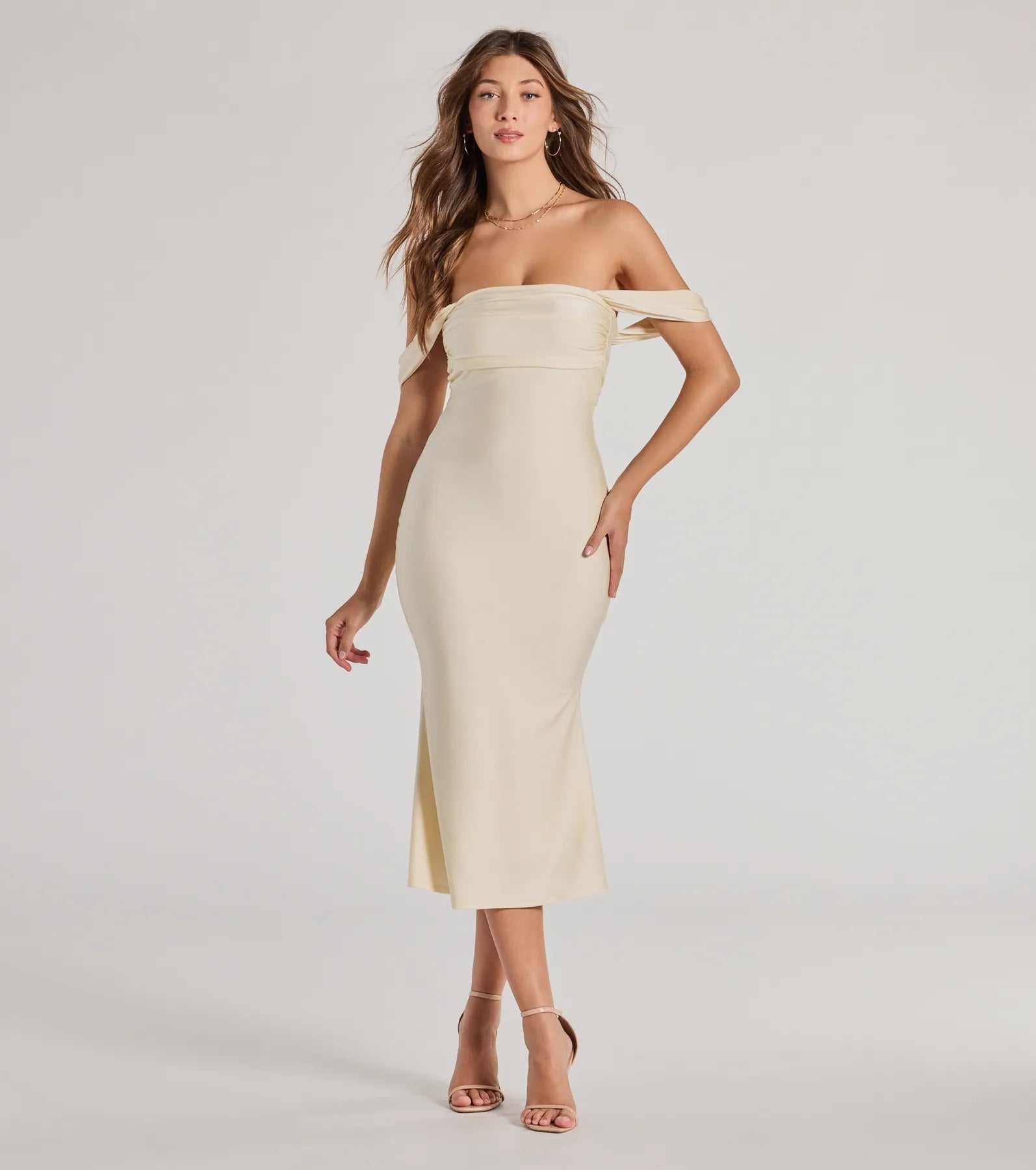 Exceptional Off-The-Shoulder Flared Midi Dress