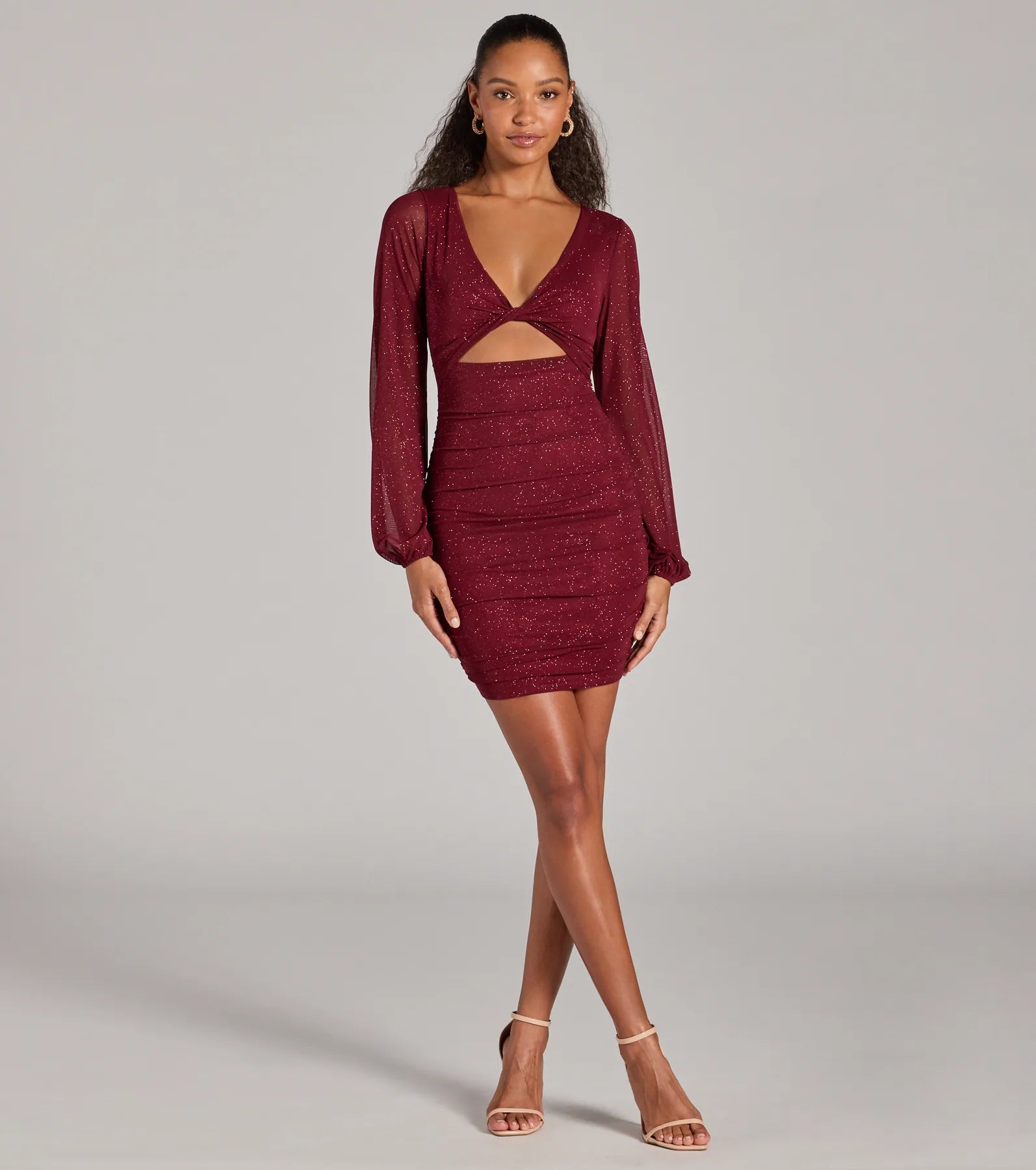 Glam Energy Glitter Mesh Cutout Mini Dress