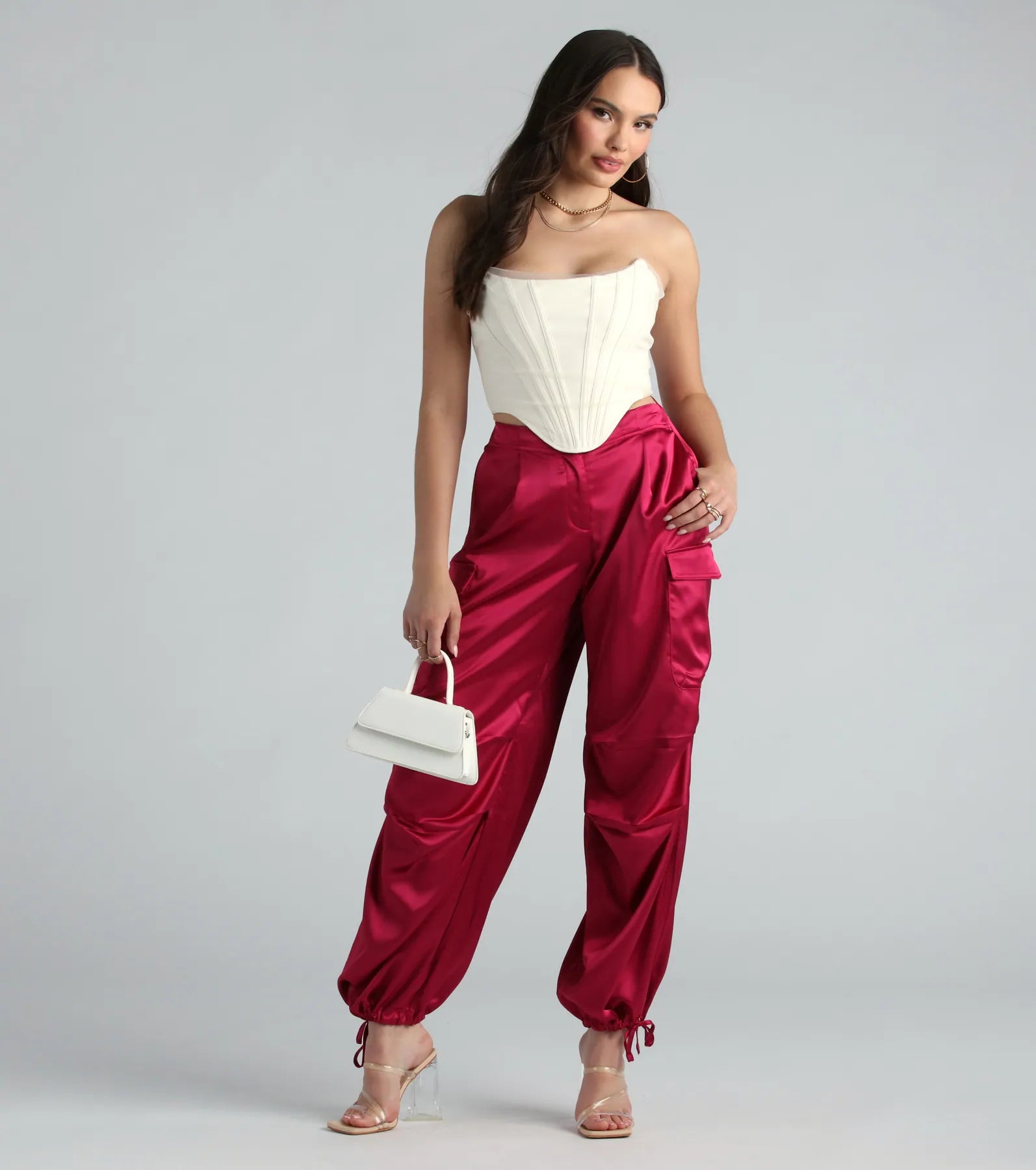 Pulling Strings Satin High-Rise Cargo Pants