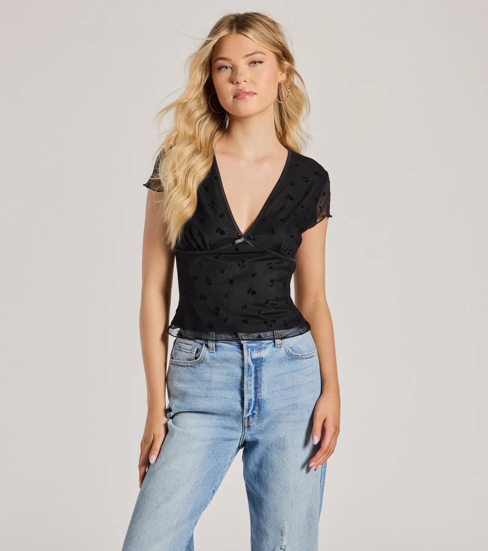 Mood Set V-Neck Floral Velvet Pattern Mesh Top