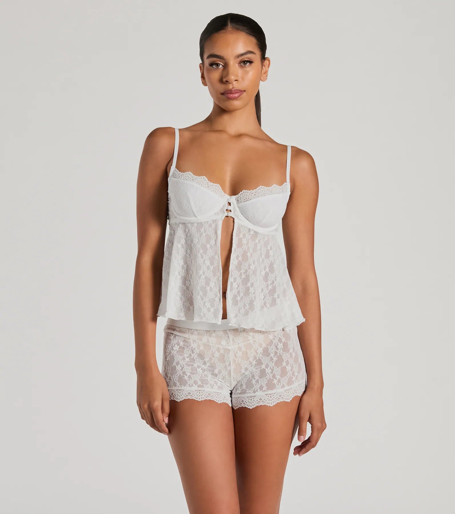 Sexy Spark Sheer Lace Pajama Top And Boyshorts Set