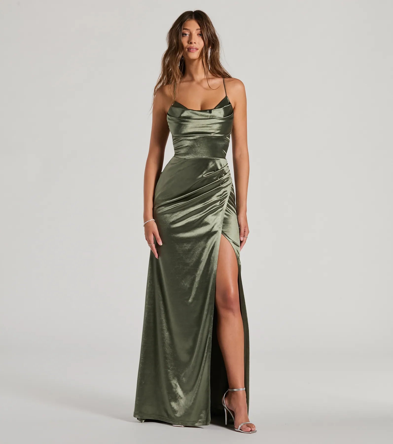 Dani Cowl Neck Lace-Up A-Line Satin Formal Dress