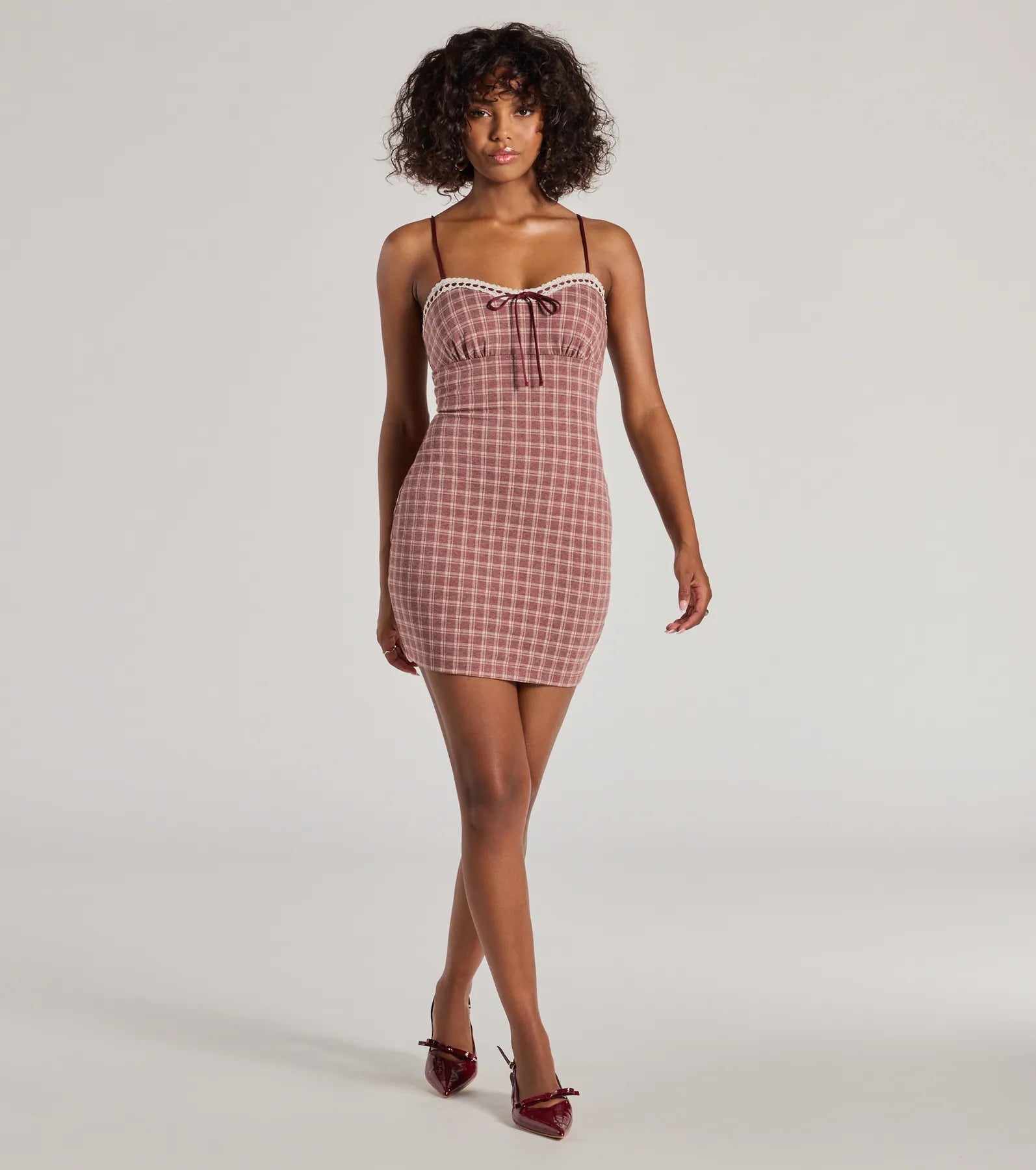 Flirty Silhouette Lace Trim Plaid Mini Dress