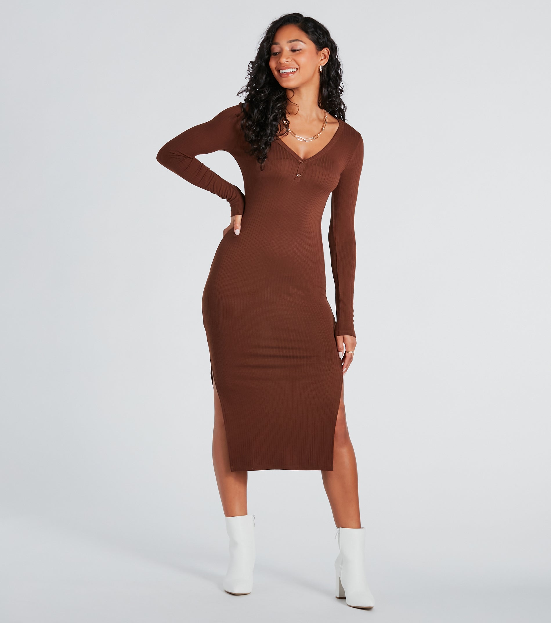 Change Of Season Long Sleeve Ribbed Knit Midi Dress