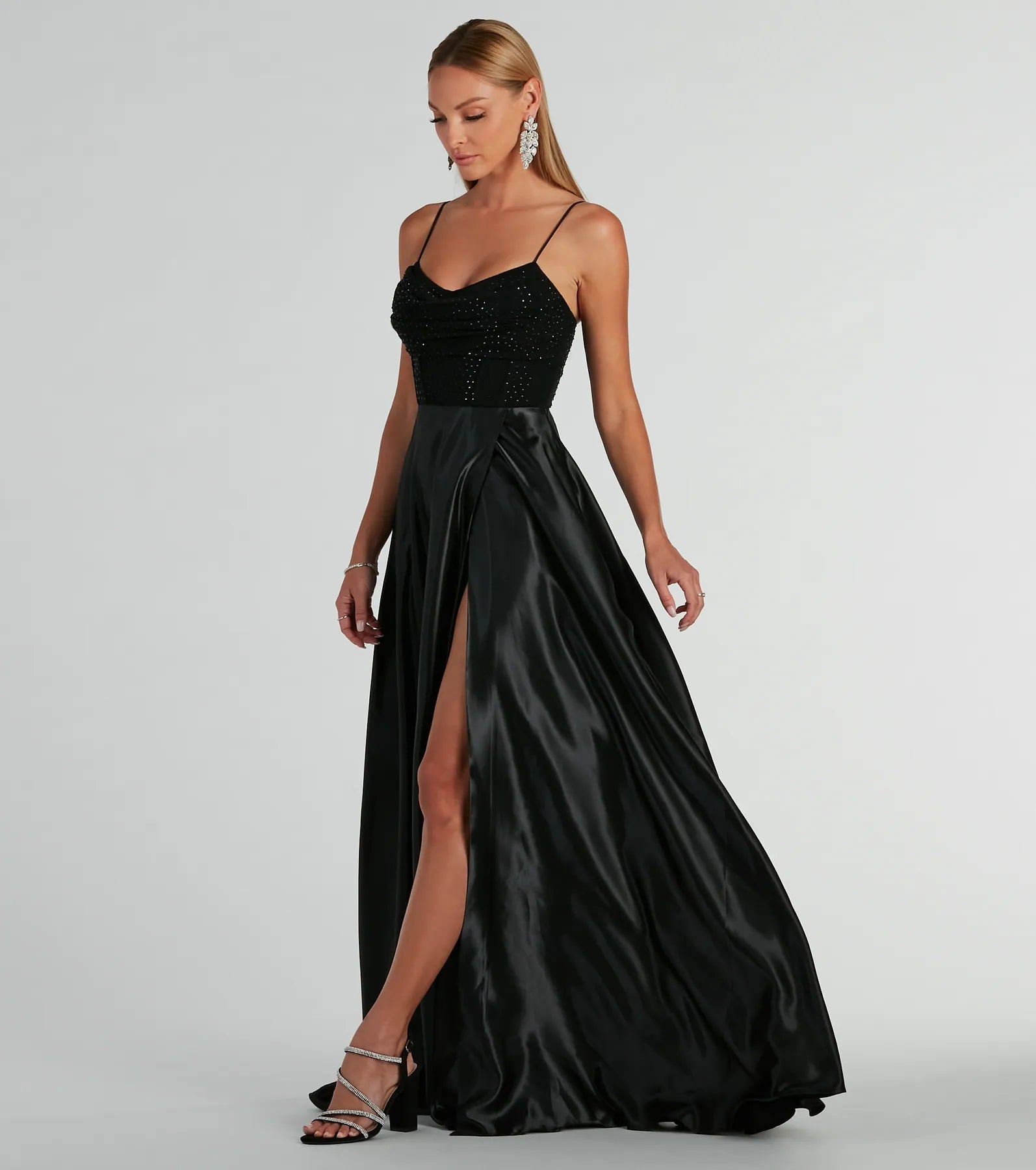 Ammara Cowl Neck Slit A-Line Satin Formal Dress